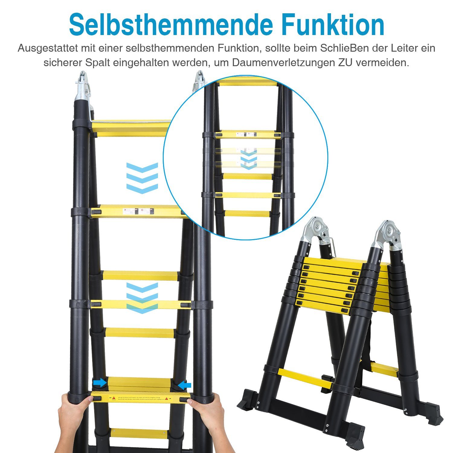 Teleskopleiter Alu Ausziehleiter haken Klappbar 2.6m-5m mit Gelb Schwarz Teleskopleiter Anlegeleiter TolleTour