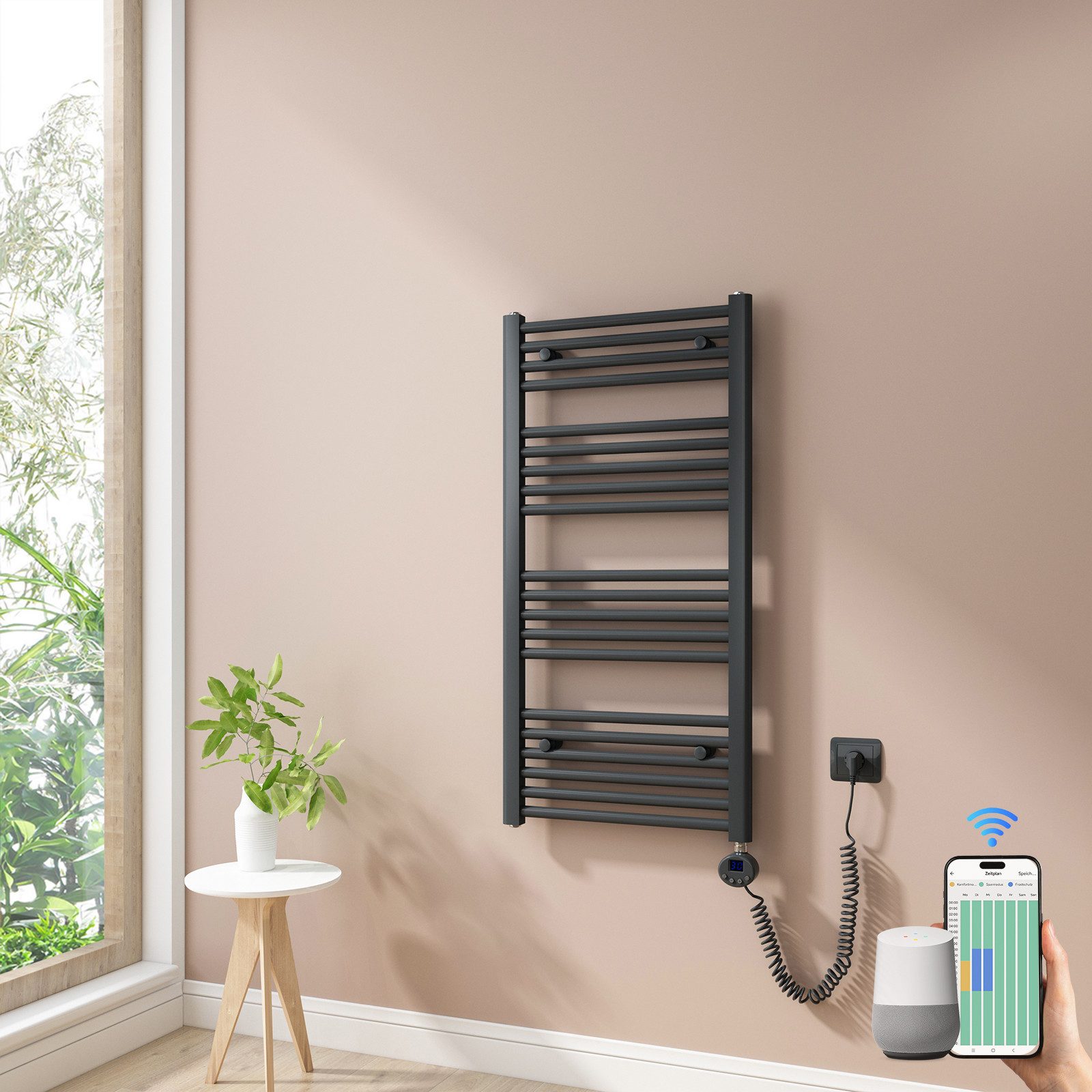 MEYKOERS Elektrischer Badheizkörper mit Smart WLAN Thermostat Heizstab, Höhe: 100 cm, Intelligente App/Sprachsteuerung, Weiß/Anthrazit