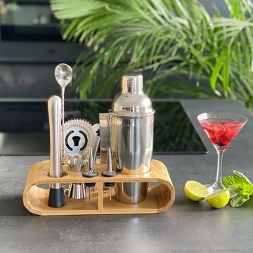 Intirilife Cocktail Shaker, Edelstahl, 12-teiliges Edelstahl Cocktail-Shaker Set mit Bambus-Ständer