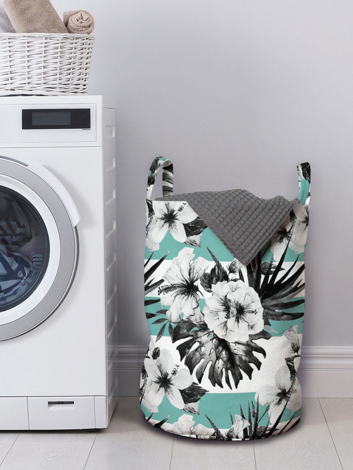 Abakuhaus Wäschesäckchen Wäschekorb mit Hibiscus Kordelzugverschluss Streifen Blumen für auf Exotische Waschsalons, Griffen