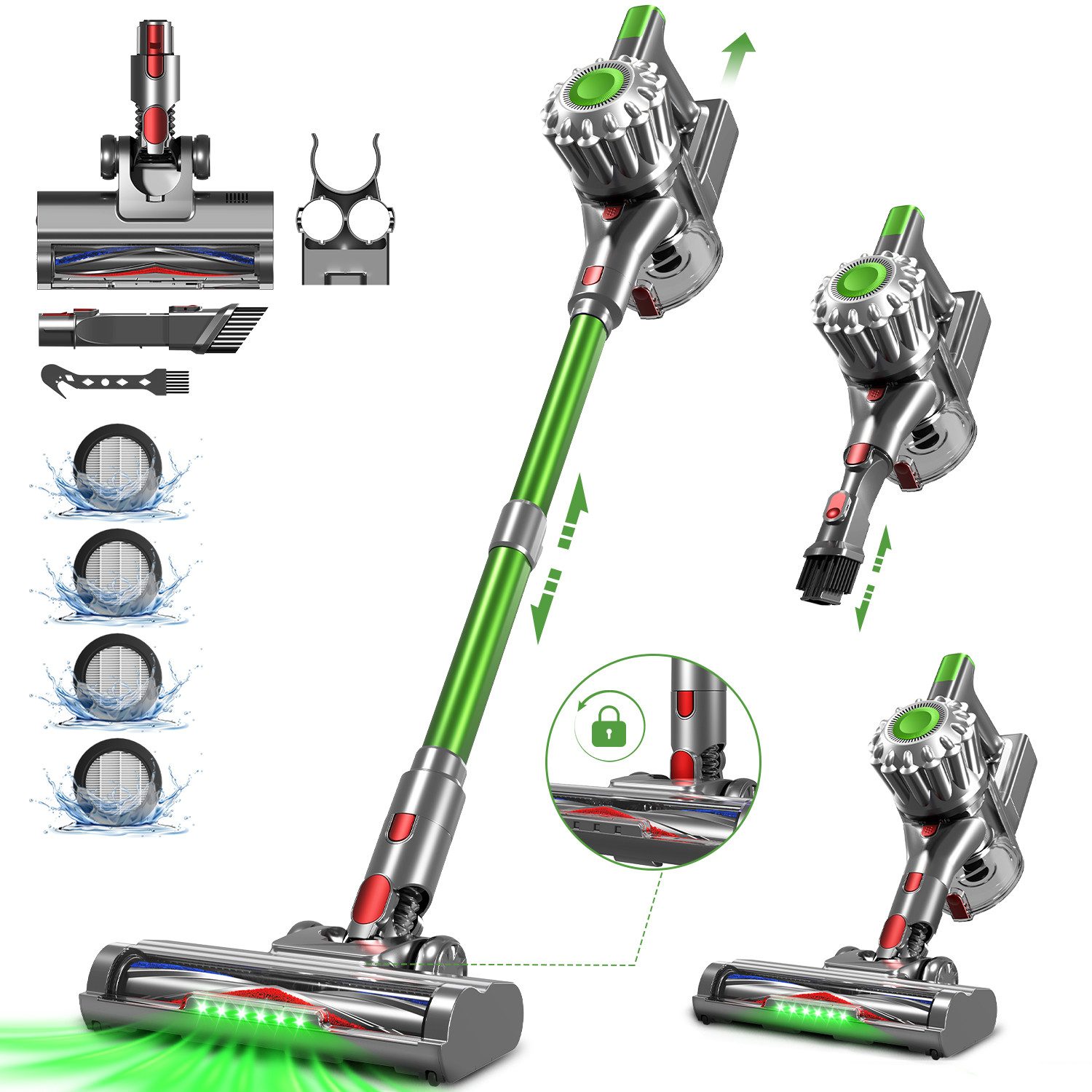 Adormii Akku-Hand-und Stielstaubsauger Akku Staubsauger,Staubsauger Kabellos 50kPa/60Min,GreenEye-Technologie, beutellos, Selbststehendes Design,Staubsauger für Tierhaare,Teppich und Hartboden