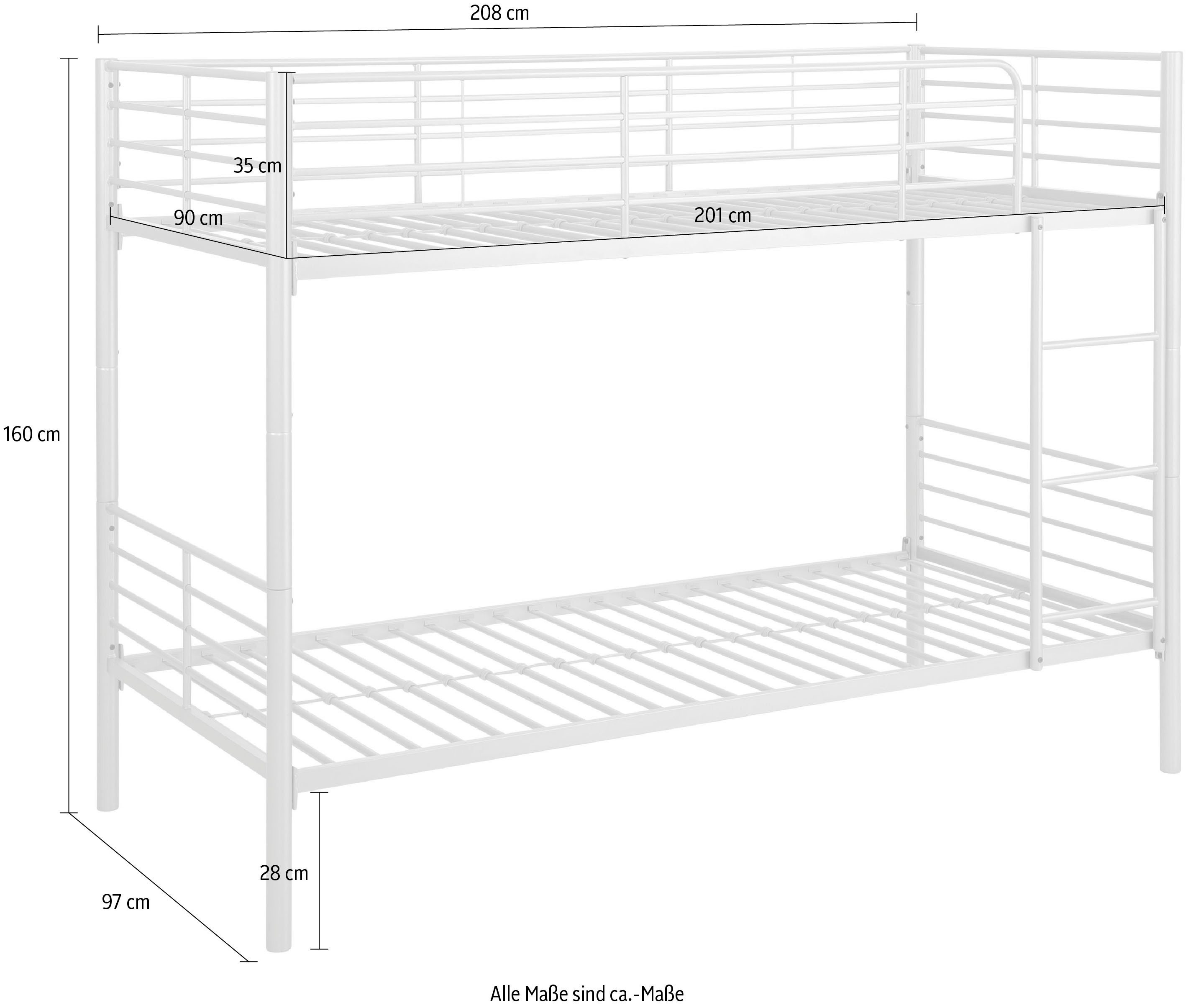 OTTO home Etagenbett Hayo, Metallbett, Stockbett (teilbar in 2 Einzelbetten), perfekt für kleine Räume, mehrere Farben, (B/T/H) ca. 208/97/160 cm