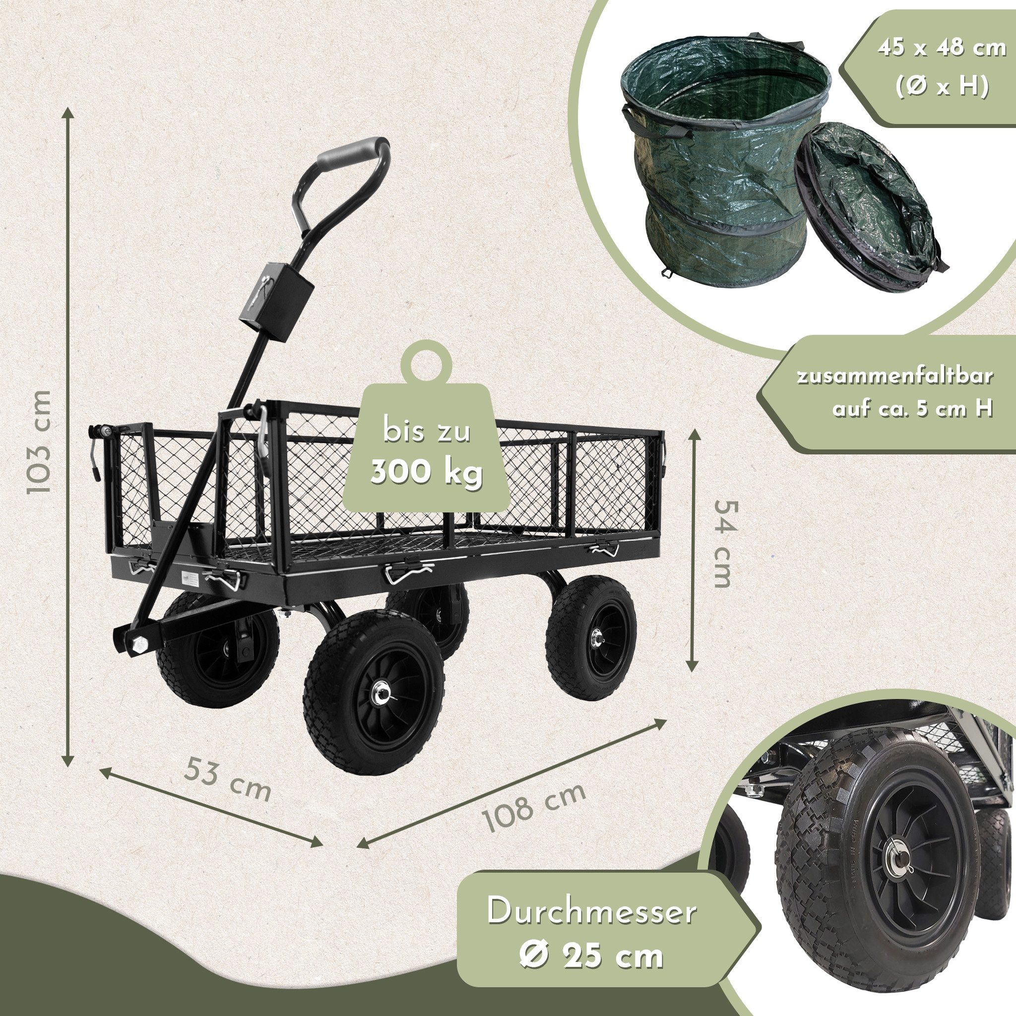 Lemodo Transportwagen Gartenwagen Metall mit 2 Laubsäcken, 300 kg belastbar, Gartenarbeit, bis 300 kg Tragkraft, Gummiräder