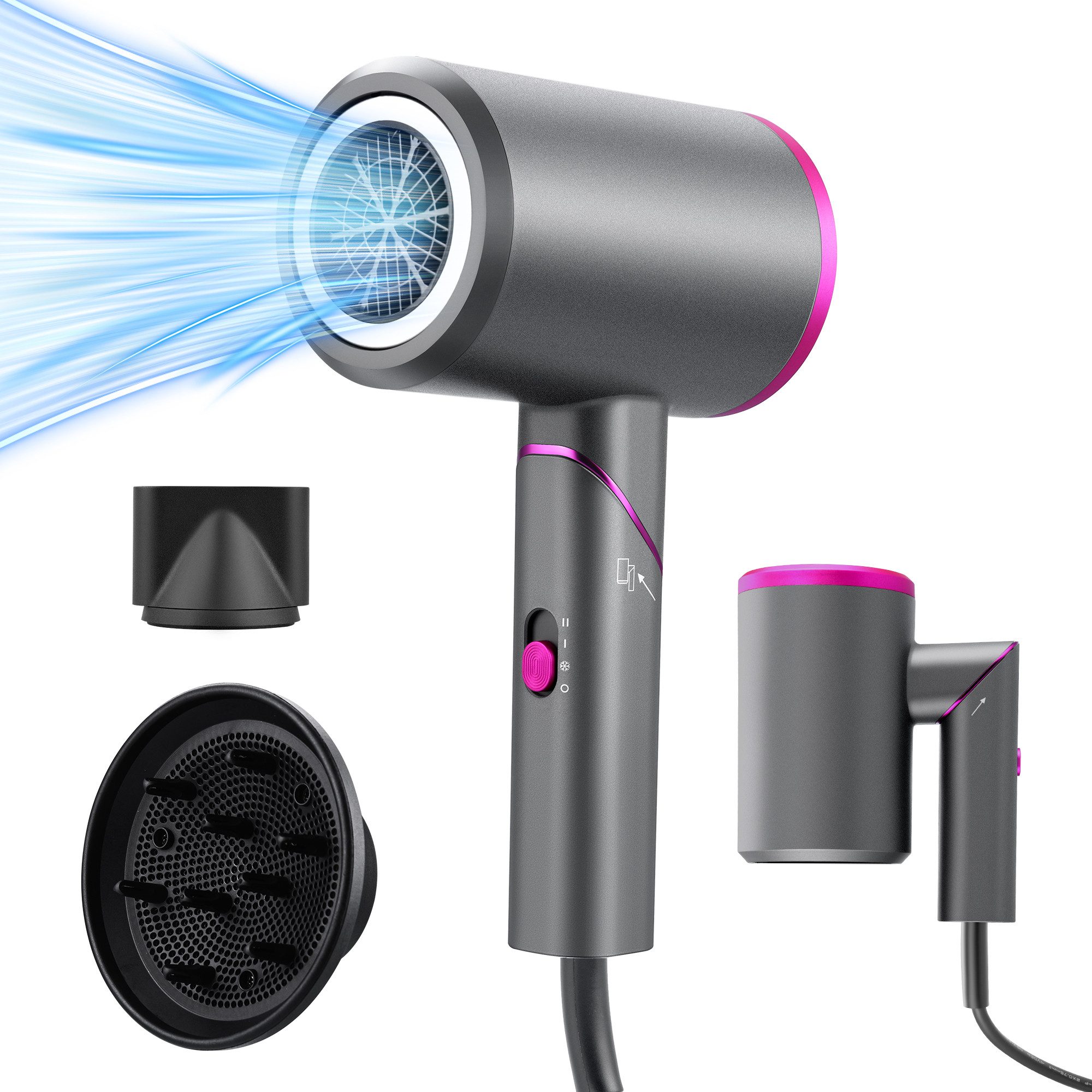 HS Onsing Haartrockner Negativ-Ionen Haartrockner leise Haarföhn 3 Heiz Klappföhn Reiseföhn, 1800 W, mit 2 magnetischen Stylingdüsen 2 Geschwindigkeiten Anti-Frizz klein