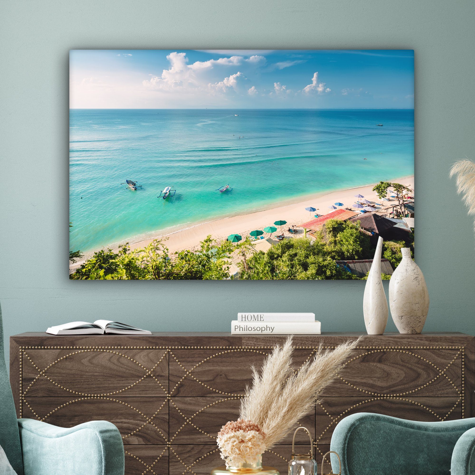 Gemälde, XXL, Wohnbereiche, cm - 120x80 OneMillionCanvasses® alle Bali, Strand großes, Boot Meer (1 - Leinwandbild für St), Wandbild -