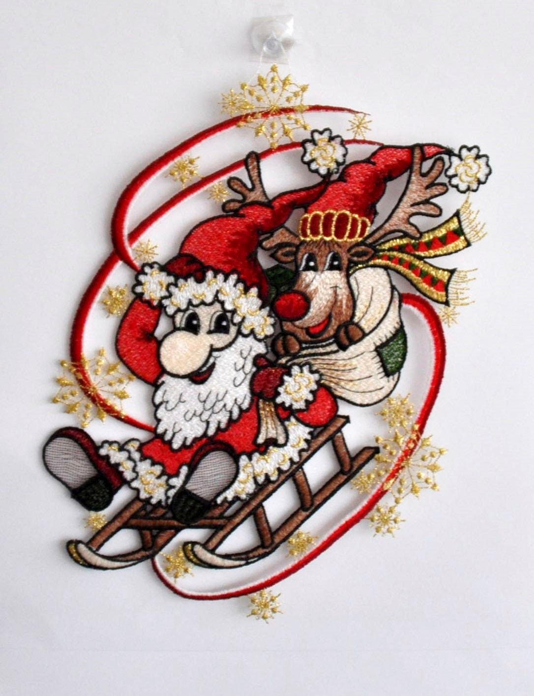 Stickereien Plauen Fensterbild Weihnachtsmann mit Schlitten