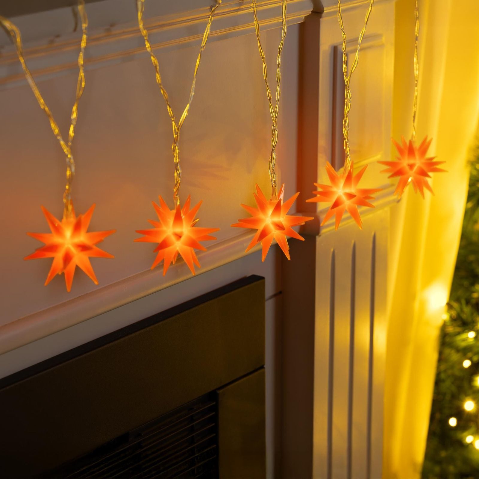 Gravidus LED-Lichterkette LED Lichterkette Sterne orange 5 warm weiße LEDs 6 cm Ø Timer