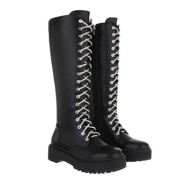 Ital-Design Damen Schnürschuhe Biker Plateaustiefel Blockabsatz Schnürstiefel in Schwarz