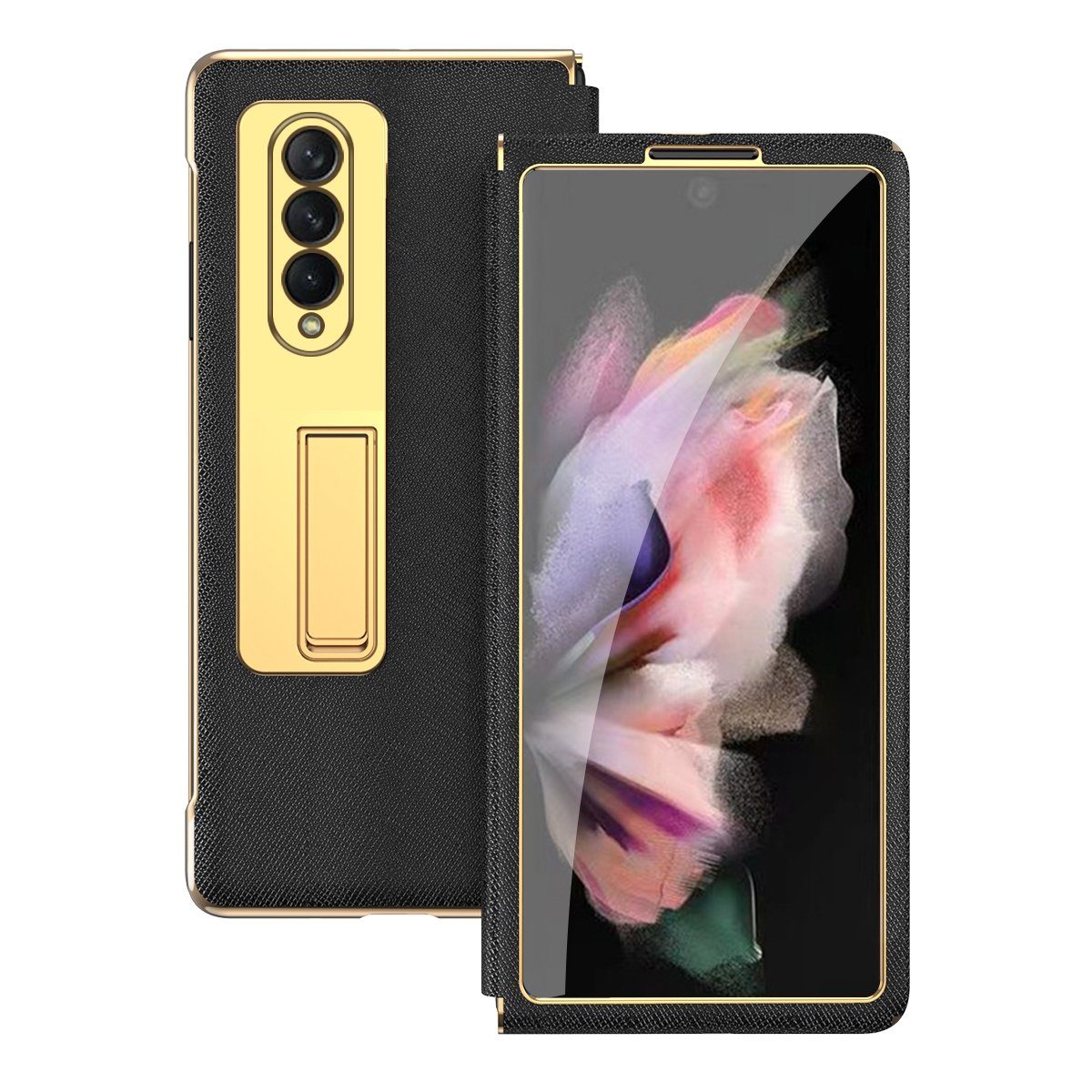 Wigento Handyhülle Für Samsung Galaxy Z Fold4 5G Galvanik Linsenrahmen + Hart Glas Handy Tasche Hülle Etuis Schwarz