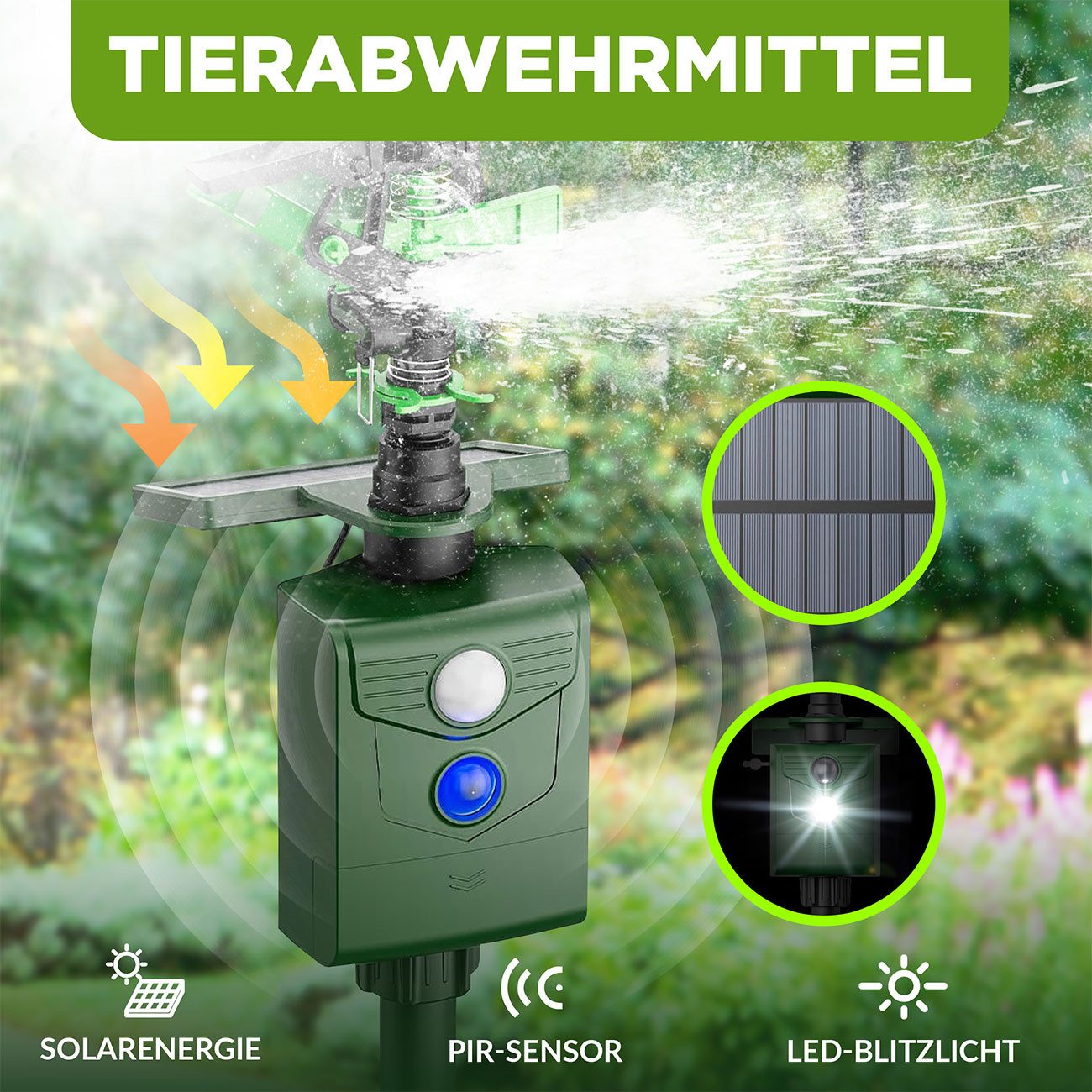 ISOTRONIC Wasserstrahl-Tiervertreiber solarbetrieb, Bewegungssensor: Vertreibt Wildtiere, 1-tlg., Reichweite Wasserstrahl bis zu 10 m