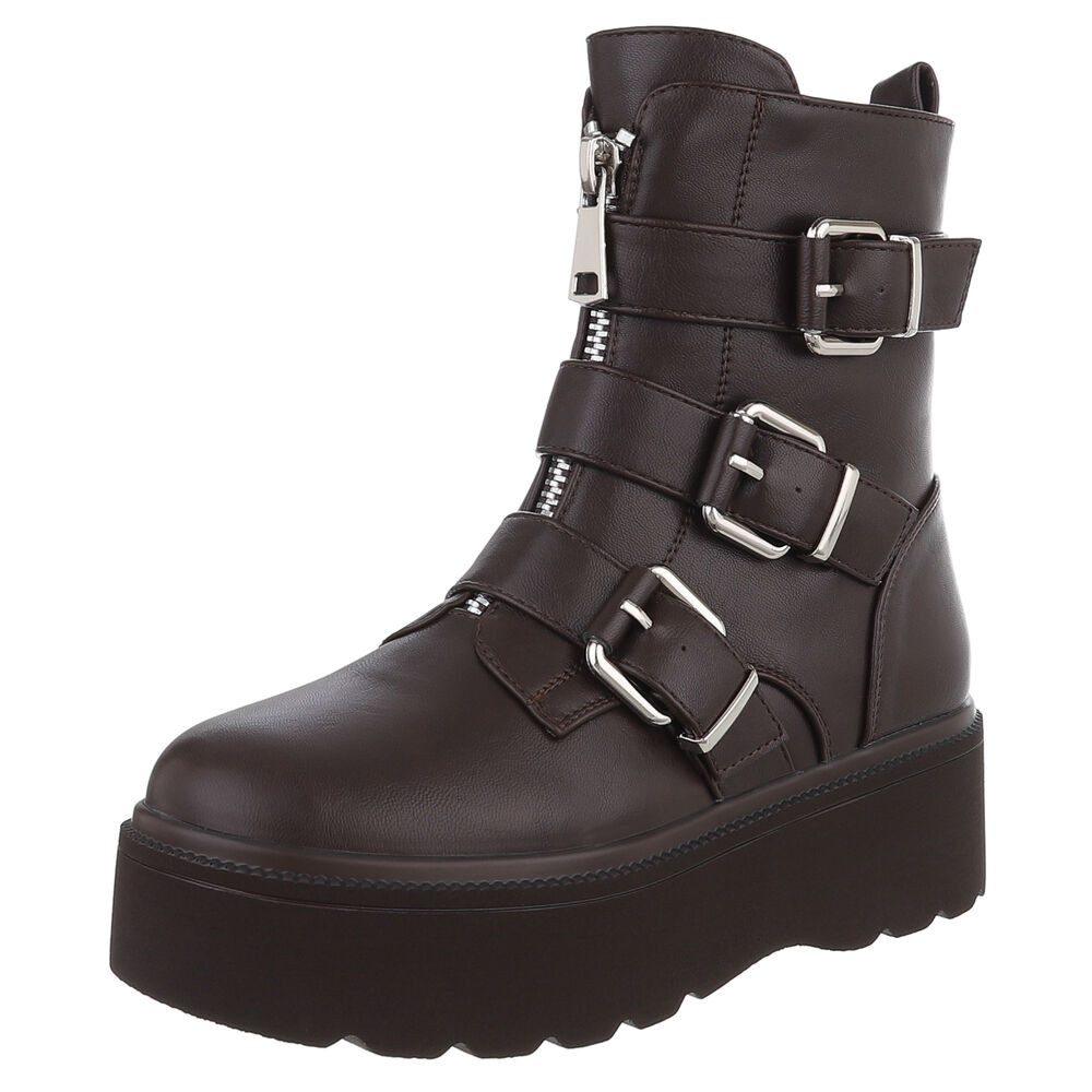 Ital-Design Trendige Boots mit Plateau und Schnallen für Damen Plateaustiefelette (90514855) Flach Stiefeletten in Braun