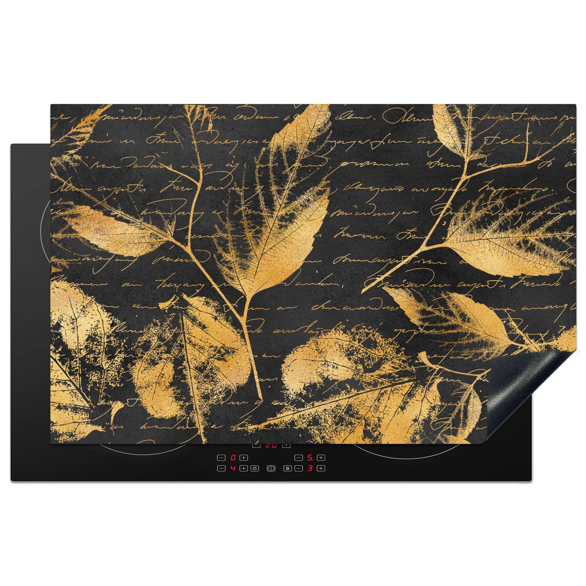 MuchoWow Herdblende-/Abdeckplatte Gold - Blätter - Schwarz, Vinyl, (1 tlg), 81x52 cm, Induktionskochfeld Schutz für die küche, Ceranfeldabdeckung