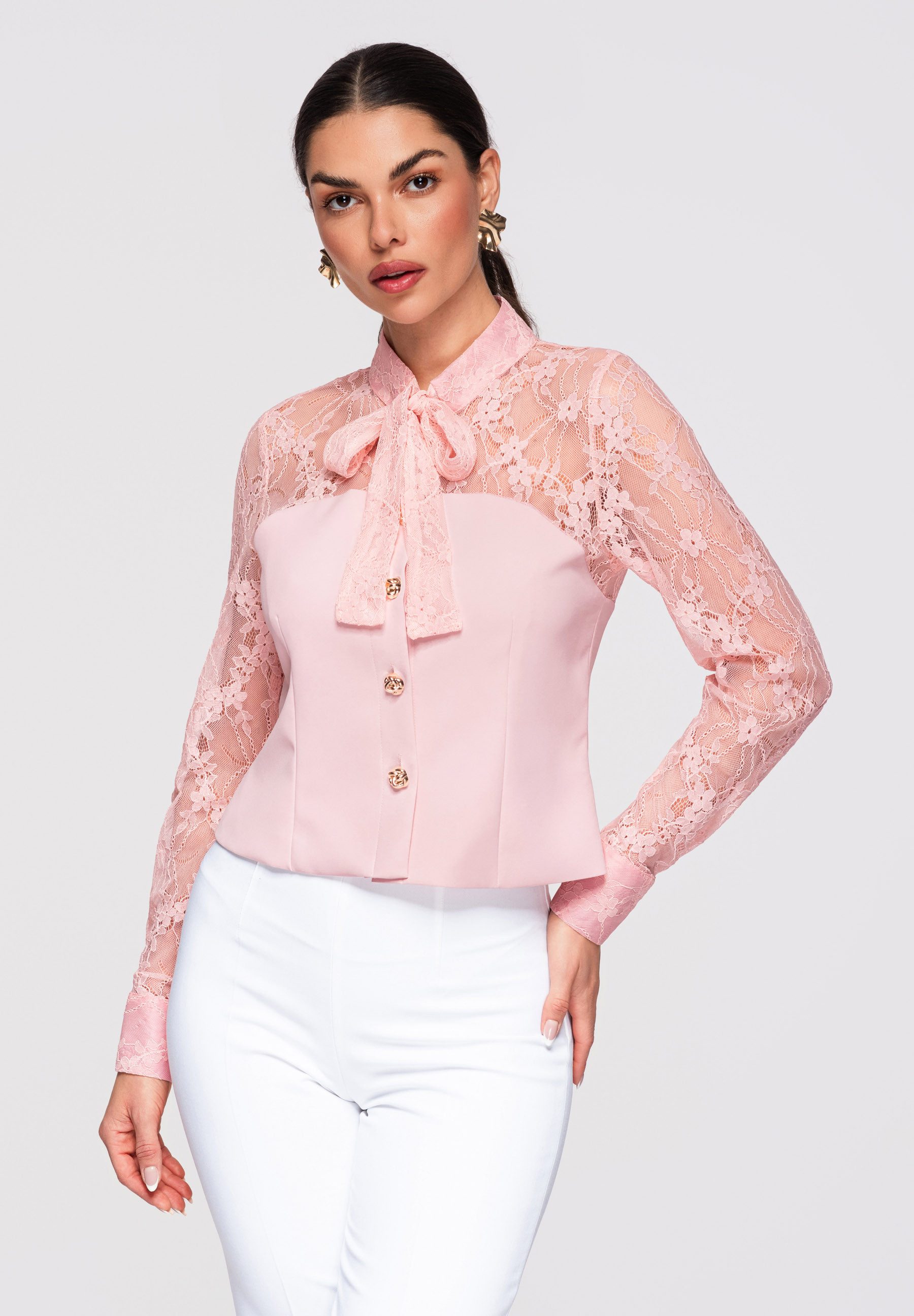 OMBRE Langarmhemd Damen Bluse Spitze Figurbetont Elegant Rose M (kein Set, 1-tlg) Transparente Spitze, florales Muster