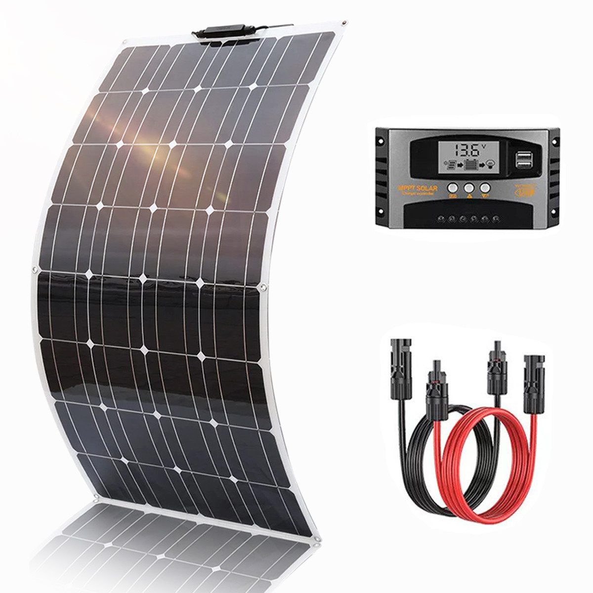 Rhein Beleuchtung Solarmodul 200W Flexibles Monokristallines Solarpanel-Set 12V für Wohnmobil/Haus, 200 W, Monokristallin, (Set, 1-St., Leicht, ultradünn & wetterfest – ideal für Wohnwagen, Boote, Dächer), Inklusive 40A LCD-Laderegler mit Dual-USB & Schut