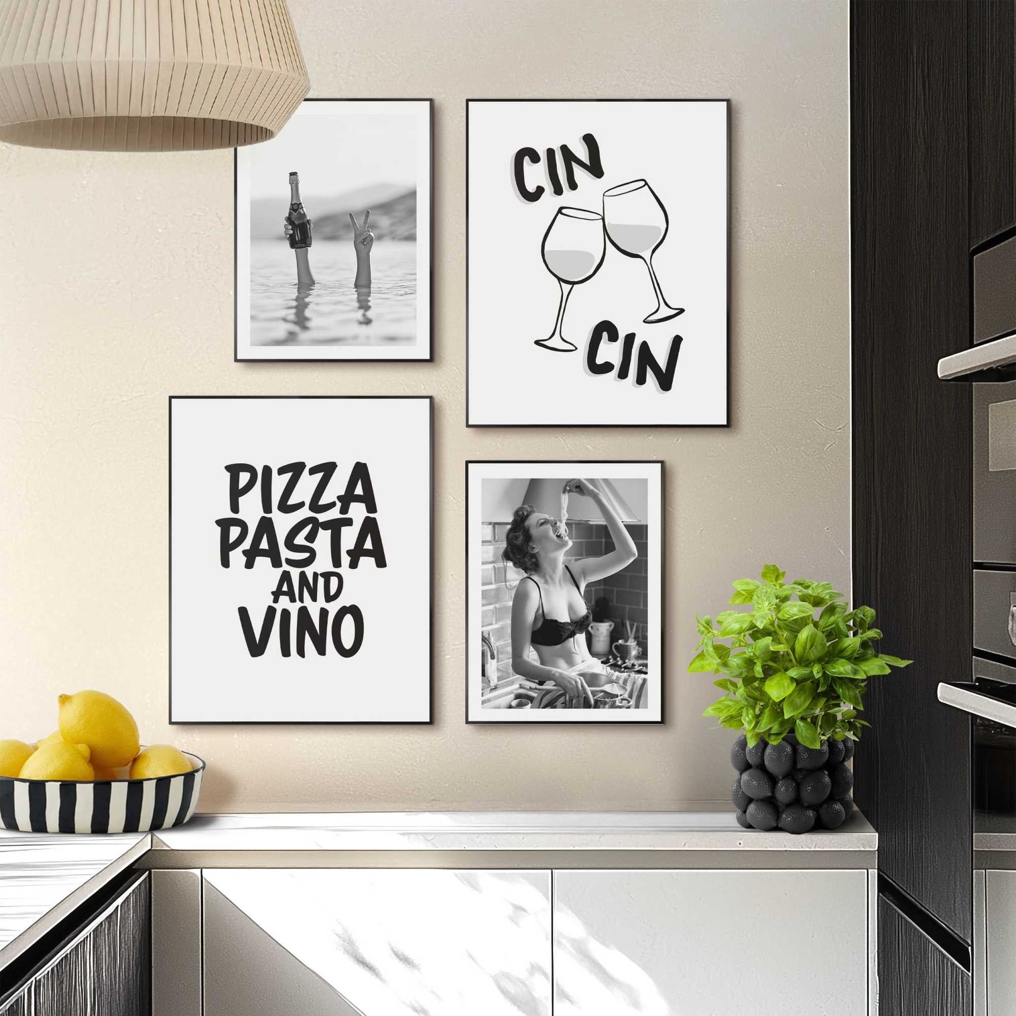 Reinders! Bild mit Rahmen Pizza, Pasta und Wein, Küche (4 St), Küche - Schwarz-Weiß - MDF - Essen und Trinken - 40x50 cm