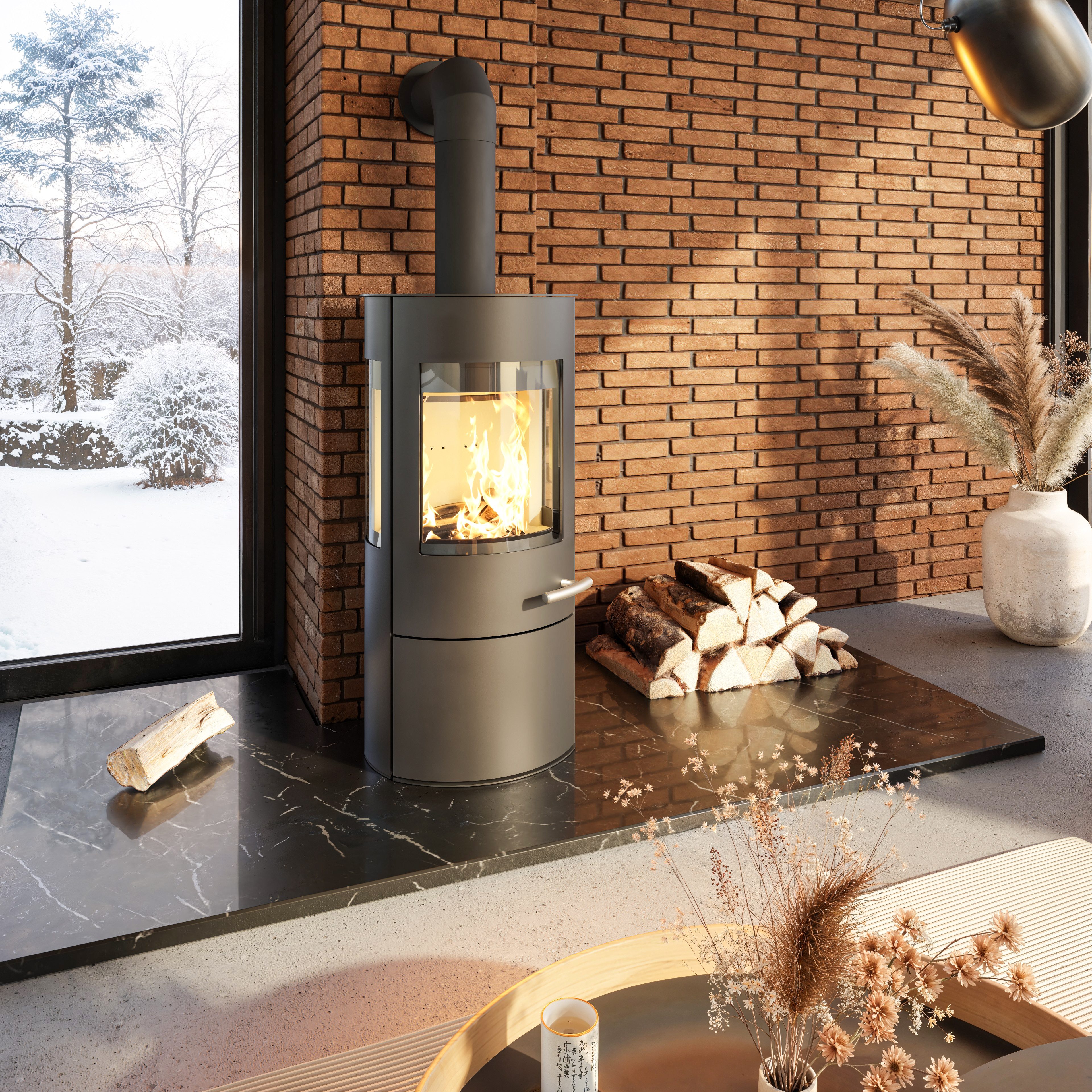 Haas + Sohn Kaminofen VITUS.l schwarz, 3 Scheiben, Warmhalteplatte, Holzfach und Türe, Zeitbrand, (tief-schwarz)