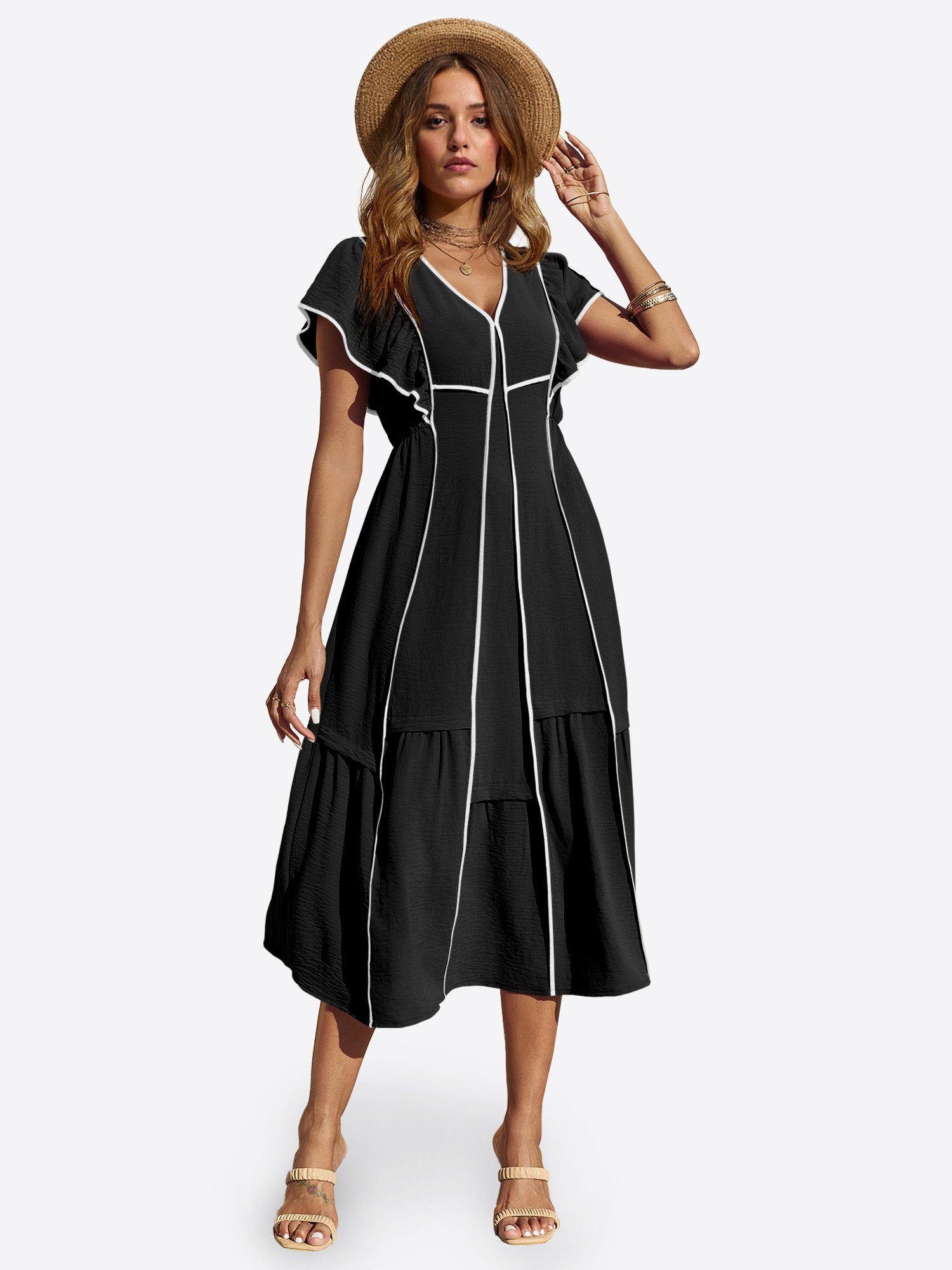 Imily Bela Maxikleid Damen Langkleid mit Rüschen im fließenden Stil (Packung, 1-tlg., 1per-Pack) kontrastfarben