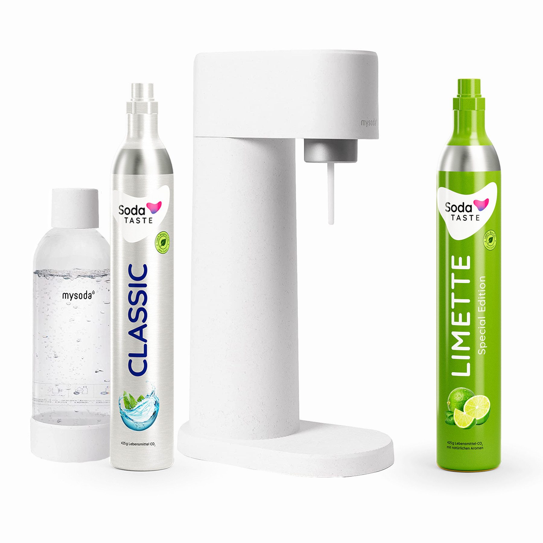SodaTASTE Wassersprudler SodaTASTE Sparangebot: Woody Wassersprudler Weiß + CO2-Aroma Zylinder, Biokomposit-Sprudler, 2x CO2 (1x Aroma), 1L Flasche, stromlos