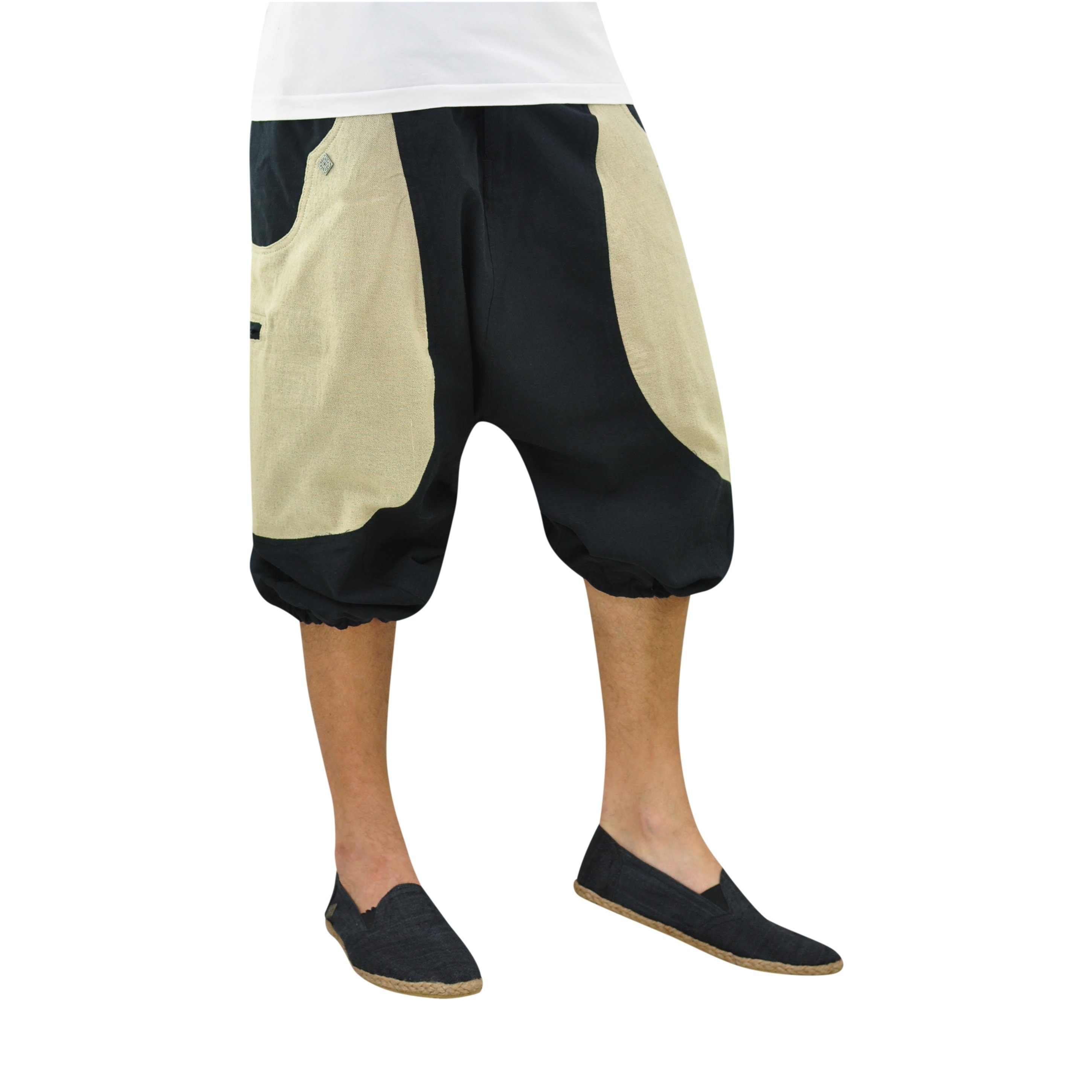 Damen, schwarz fallender Unisex, & Goa Haremshose kurz Farbblock-Design, virblatt Shorts mitteltief Reißverschlusstaschen Haremshose Hose 2 Schritt, kurze Herren