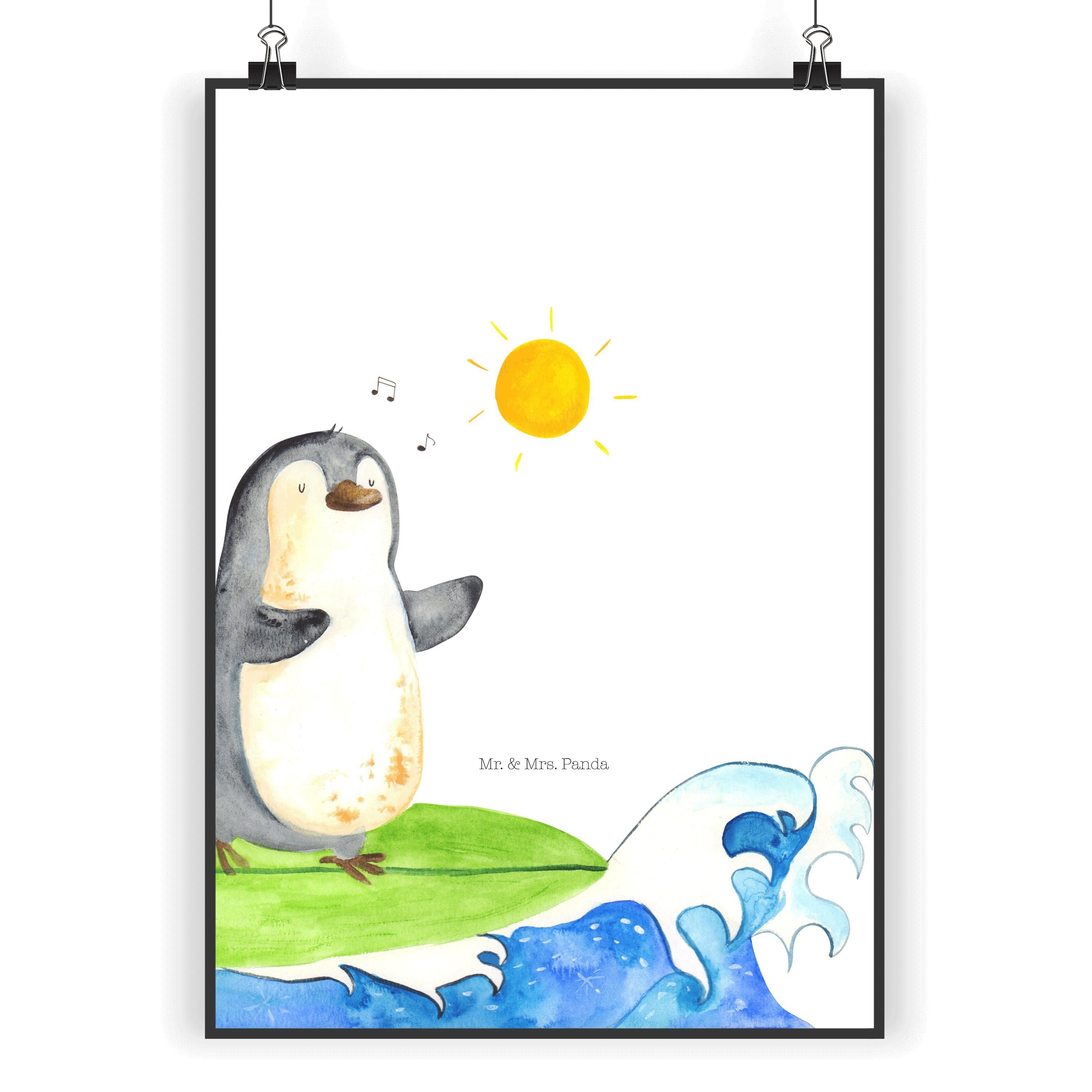 Mr. & Mrs. Panda Poster DIN A5 Pinguin Surfer - Weiß - Geschenk, Designposter, Wanddeko Bild, Pinguin Surfer (1 St), Breites Motivspektrum
