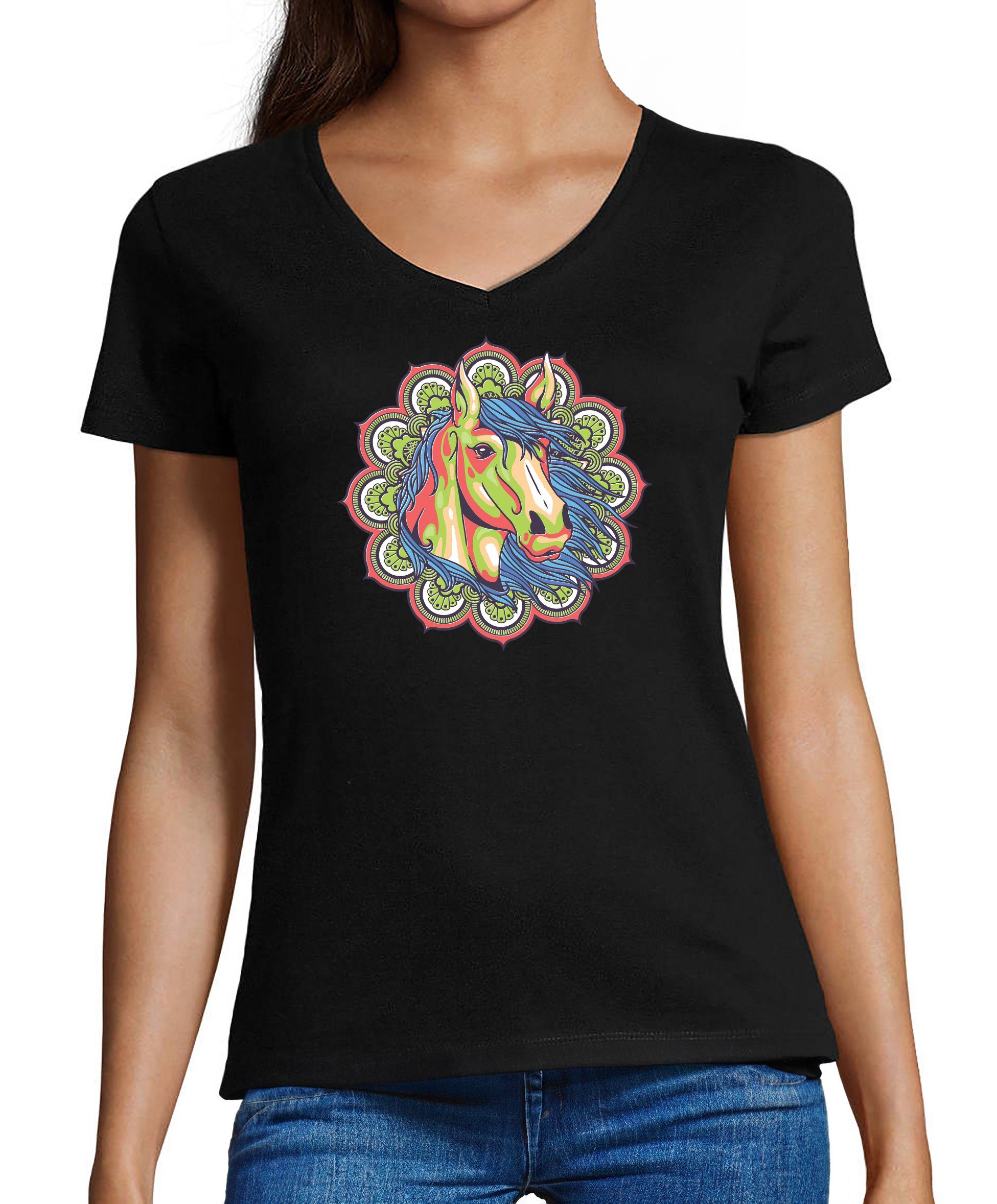 Slim V-Ausschnitt Aufdruck Mandala - i149 Shirt Pferdekopf Baumwollshirt Print Stil Pferde Damen mit Fit, T-Shirt im MyDesign24