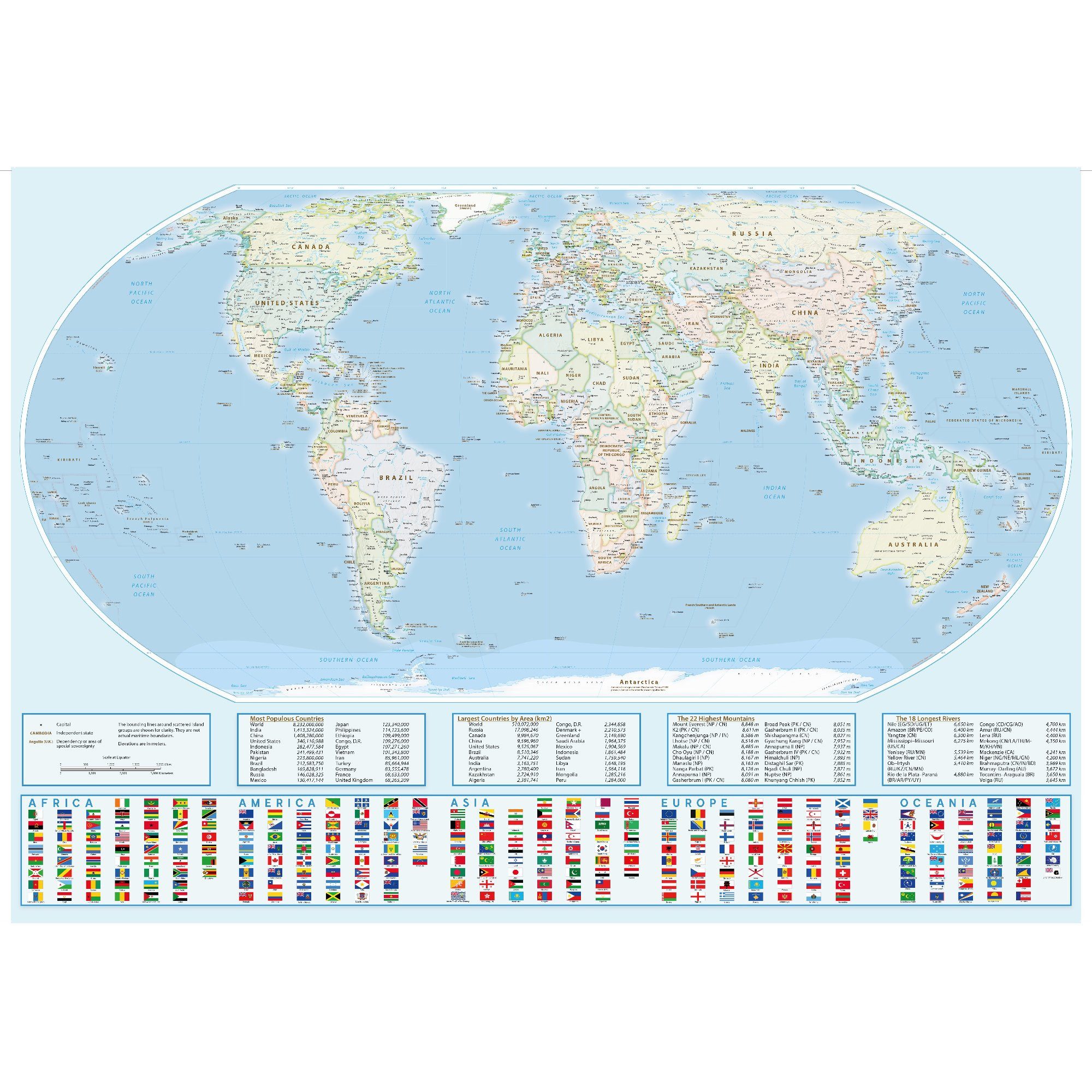 Lineo Poster Weltkarte XXL Equal Earth, Neue Realistische Weltkarte (Poster, 1 St), Equal-Earth-Projektion, Landkarte World Map mit Länderflaggen
