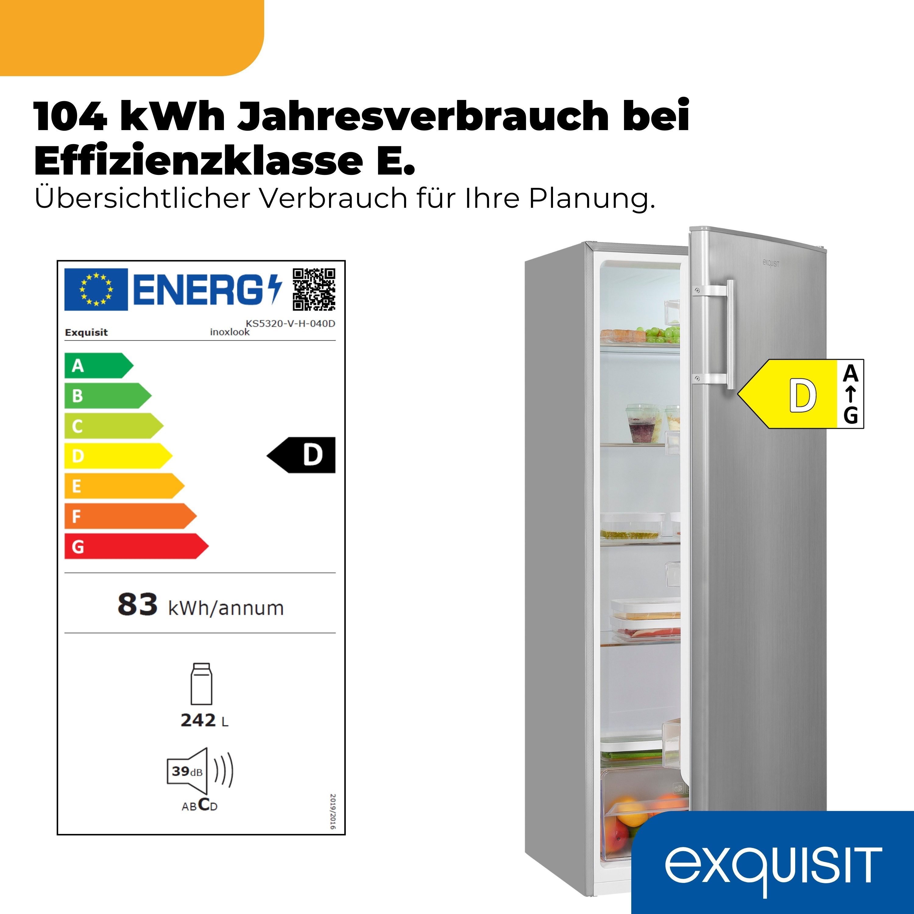 exquisit Vollraumkühlschrank KS5320-V-H-040D, 142,6 cm hoch, 54,5 cm breit, 242 l Nutzinhalt, LED Beleuchtung, Energieklasse D, Geräuschklasse C