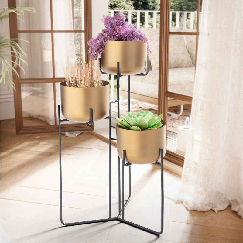 FINEBUY Pflanzkübel (45x80x45 cm Schwarz Gold, Metall mit 3 Töpfen), Blumenständer Freistehend, Pflanzenständer Modern