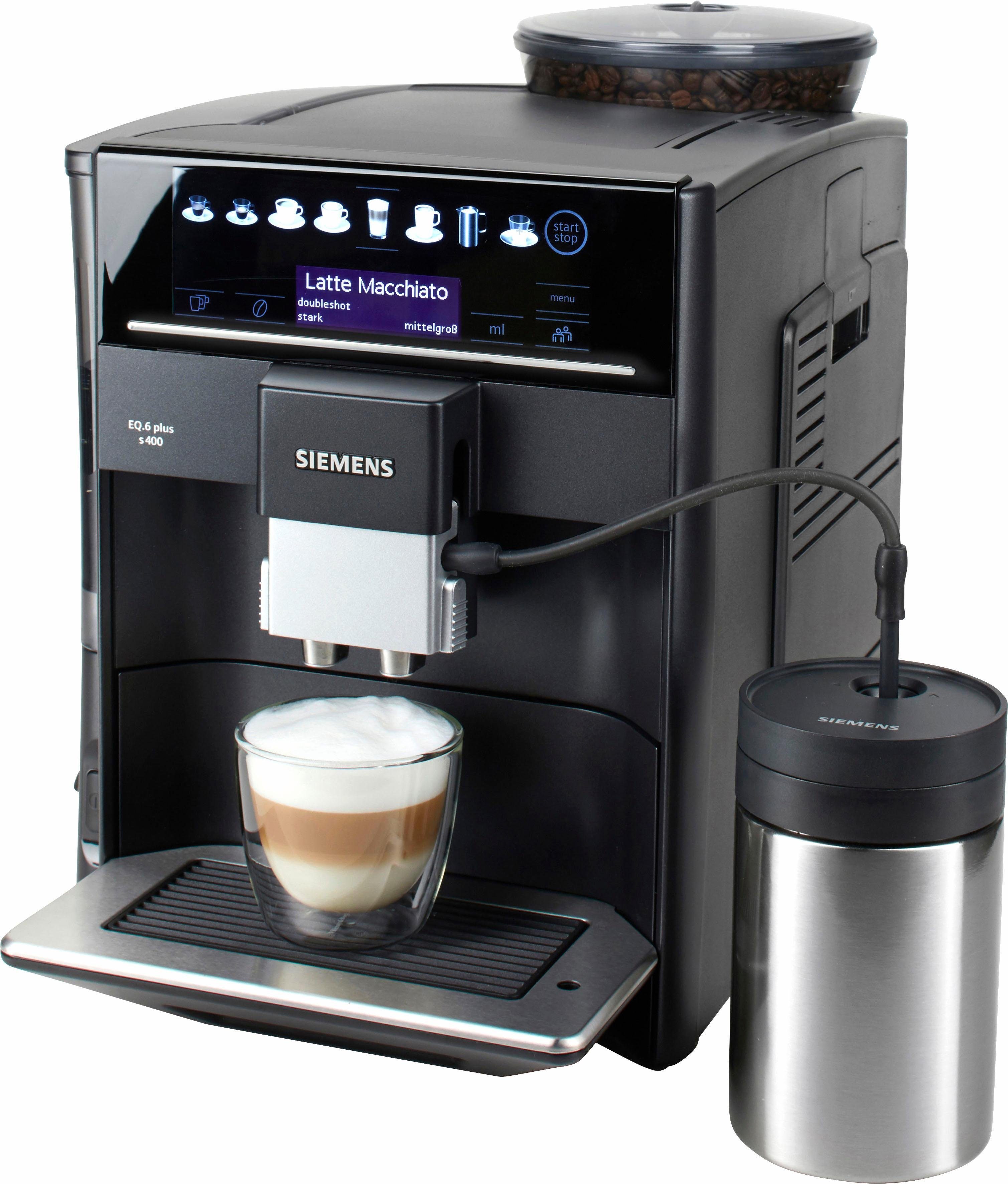 SIEMENS Kaffeevollautomat EQ6 plus s400 TE654509DE, Doppeltassenfunktion, Keramikmahlwerk, viele Kaffeespezialitäten, automatische Dampfreinigung, saphirschwarz