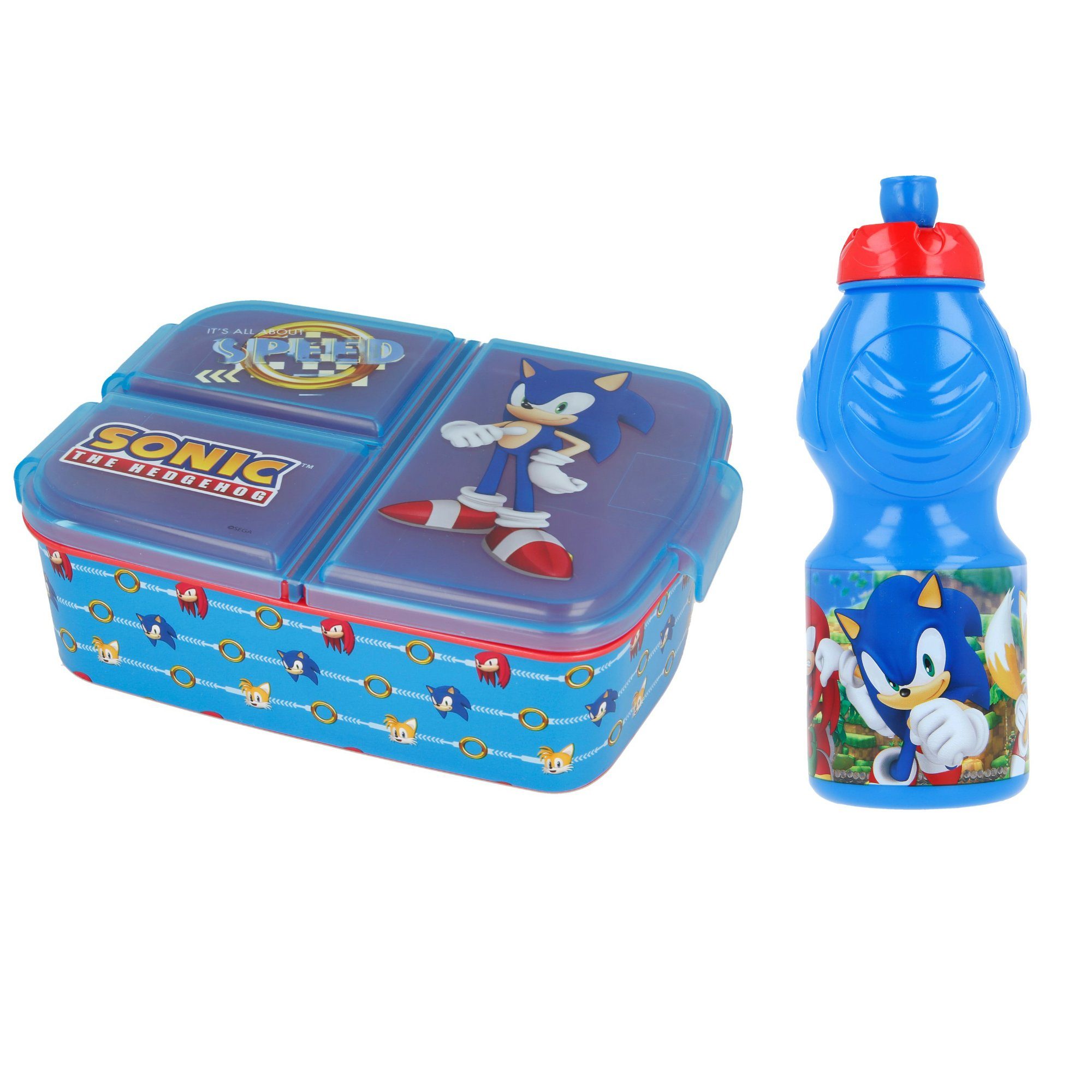 mit Brotdose (2-tlg) - 3 Sonic - Hedgehog Set Lunch SEGA Trinkflasche, Kammern the Sonic 2 teiliges Lunchbox