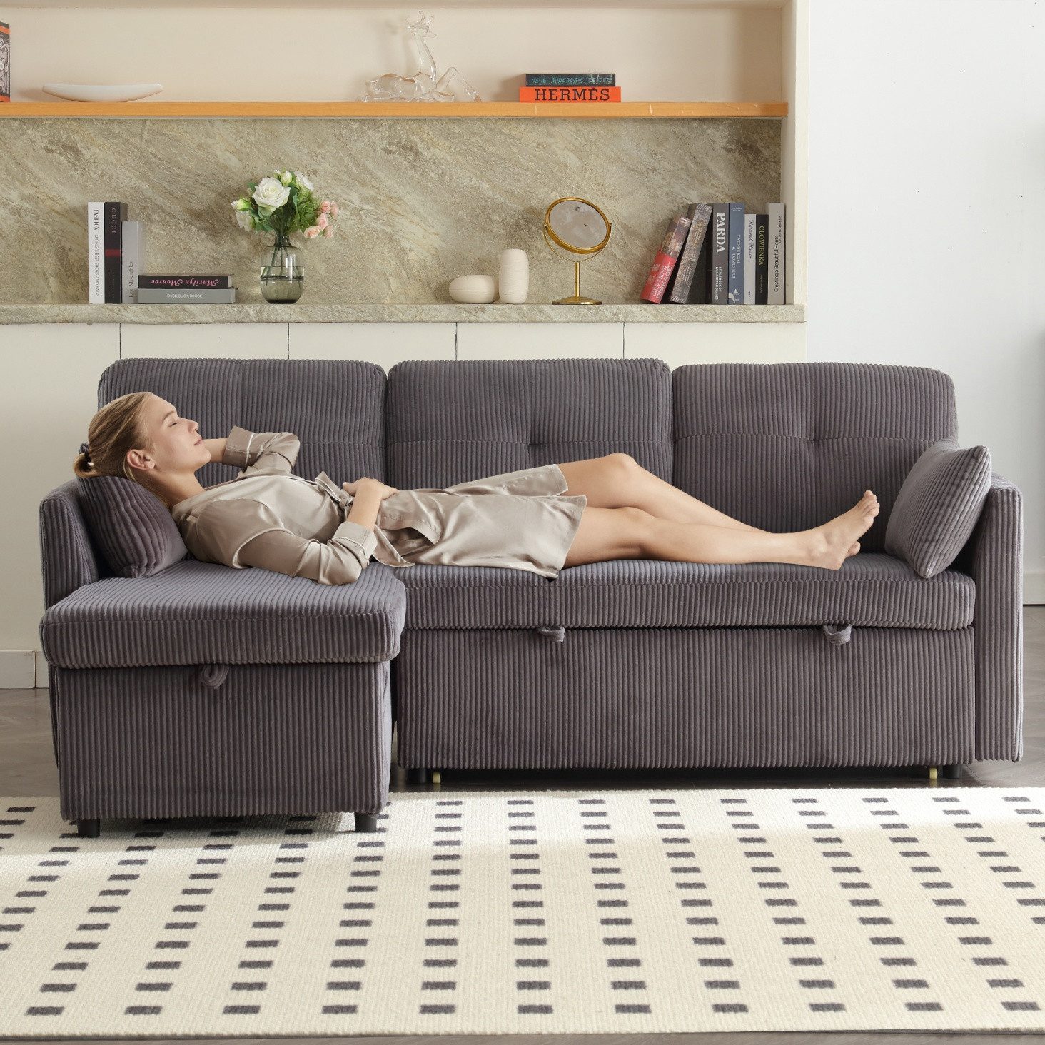 IDEASY Ecksofa Sofa Bett mit Stauraum, ausziehbar, Stauraum unter Sitzfläche, inkl. Fußstütze und Kissen, abnehmbare Chaise
