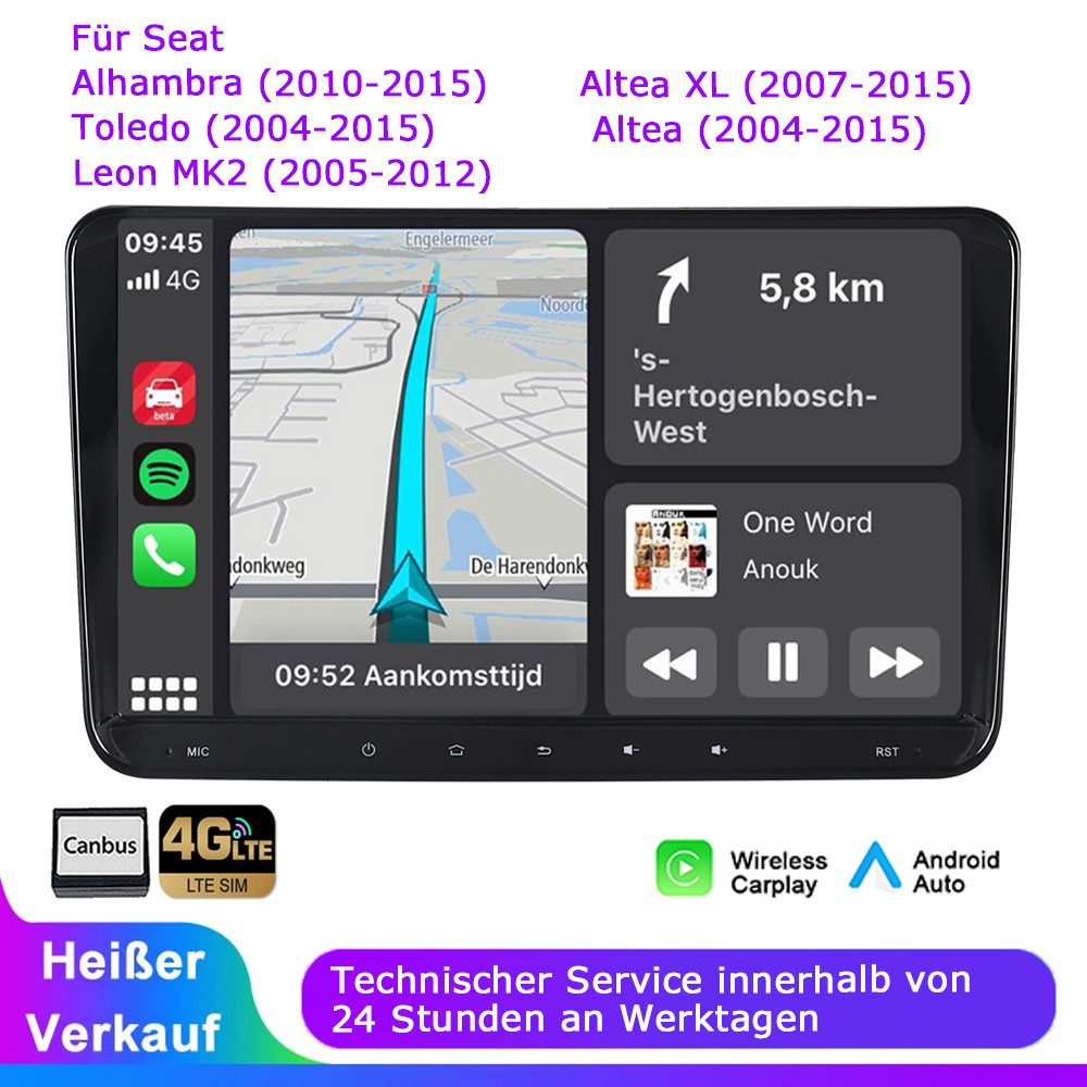 A-Sure 9" 64GB 4G-LTE WIFI RDS CarPlay Für Seat Alhambra Altea XL Leon Toledo Autoradio (Digitalradio (DAB), Bluetooth, DSP, SWC, Siri, Mirrorlink, Google play, Netflix, Youtube, Calendar, TikTok)