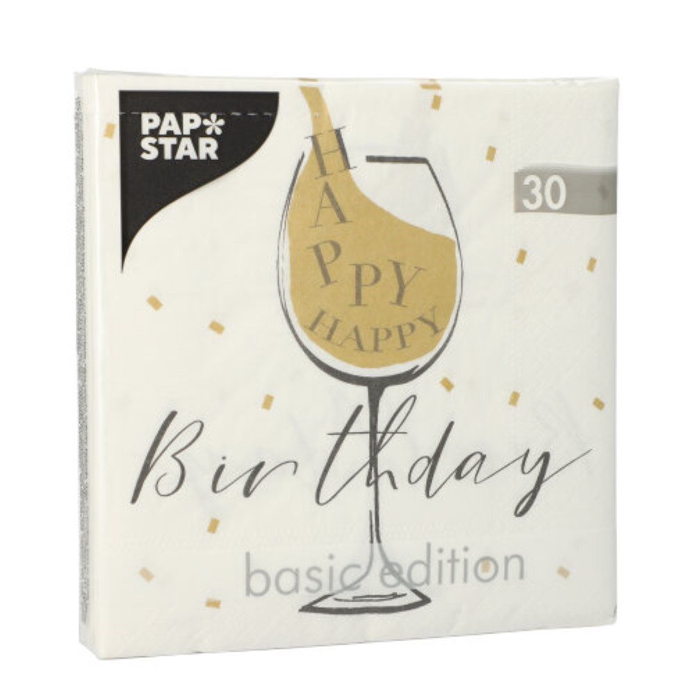 PAPSTAR Papierserviette 30 Servietten, 3-lagig 1/4-Falz 33 cm x 33 cm weiss "Happy Birthday"