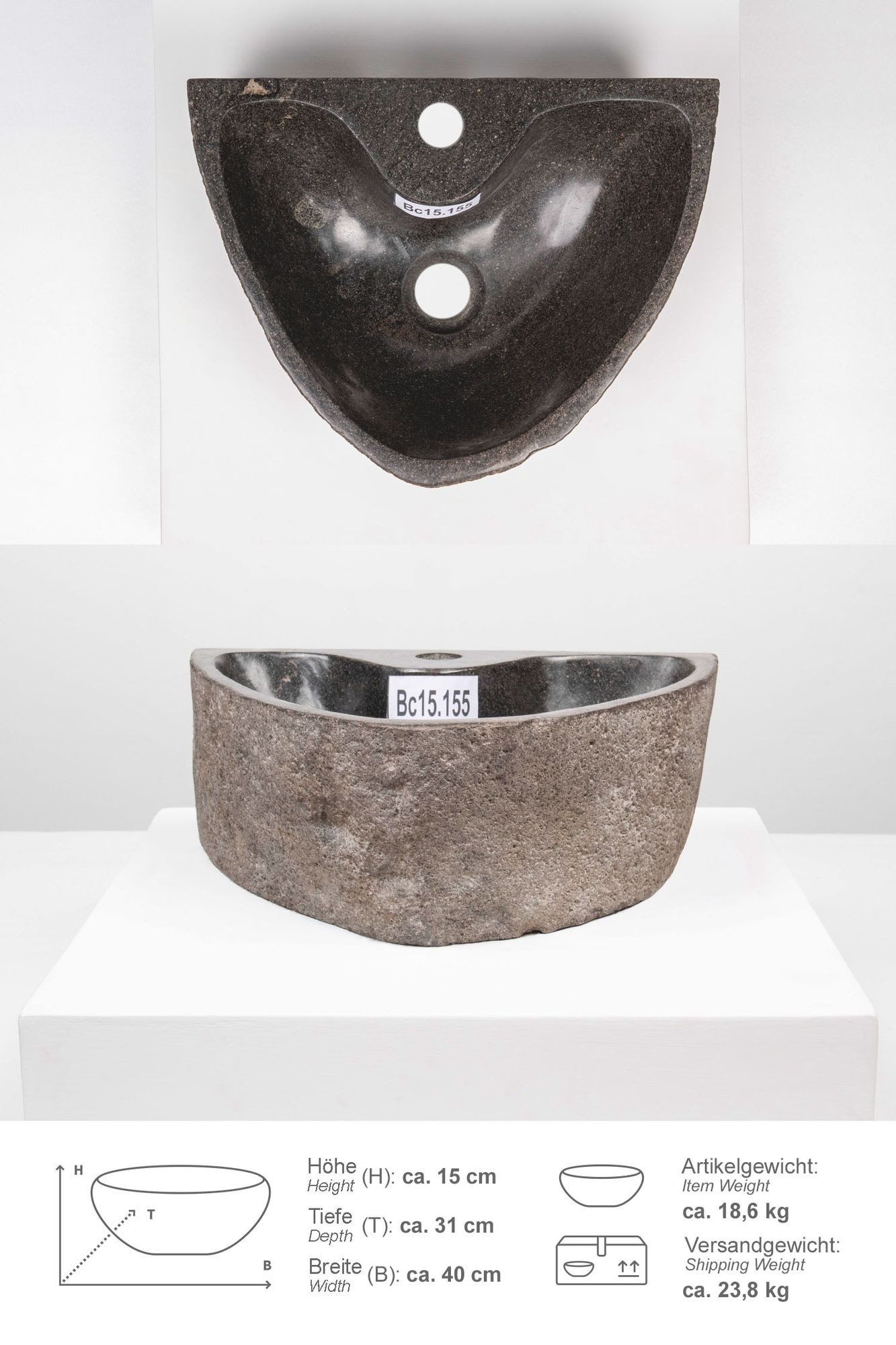 wohnfreuden Aufsatzwaschbecken Naturstein Waschbecken 40 cm oval mit Hahnloch (Kein Set), 101840_Bc15.155