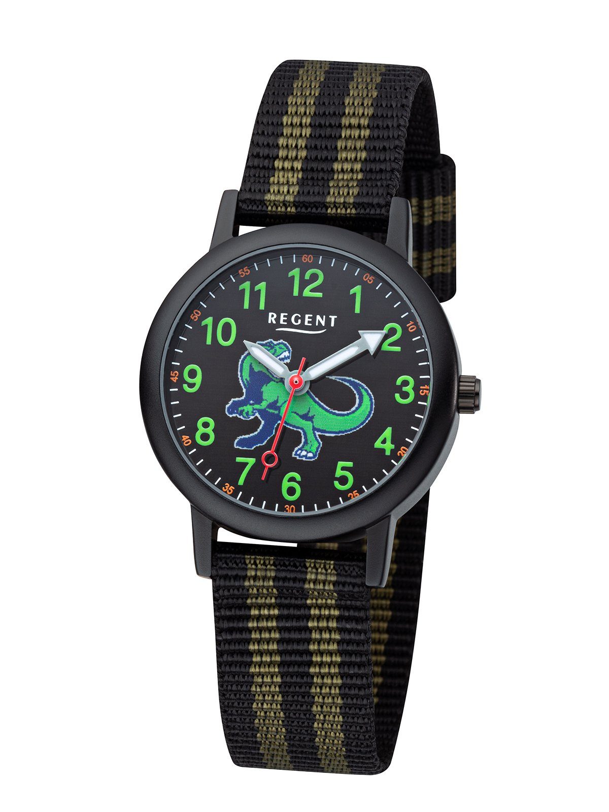 Regent Quarzuhr Kinderuhr Dino Motiv schwarz grün ⌀30mm, Leuchtzeiger