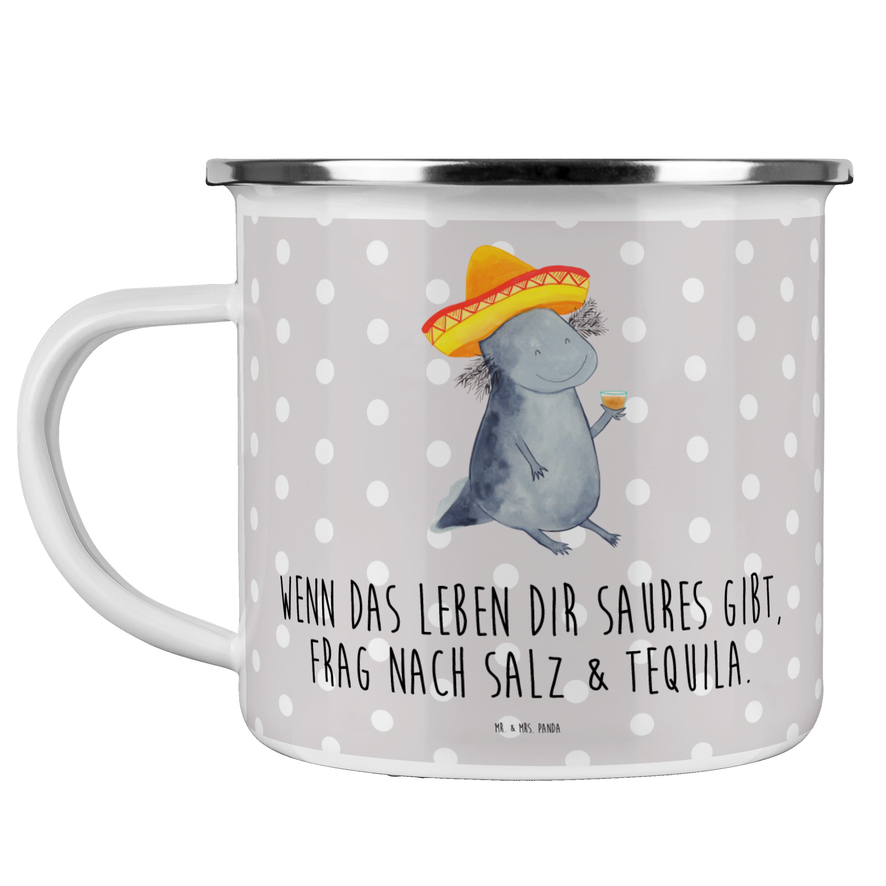 Mr. & Mrs. Panda Becher Axolotl Tequila - Grau Pastell - Geschenk, party, Feuerdrache, Blecht, Emaille