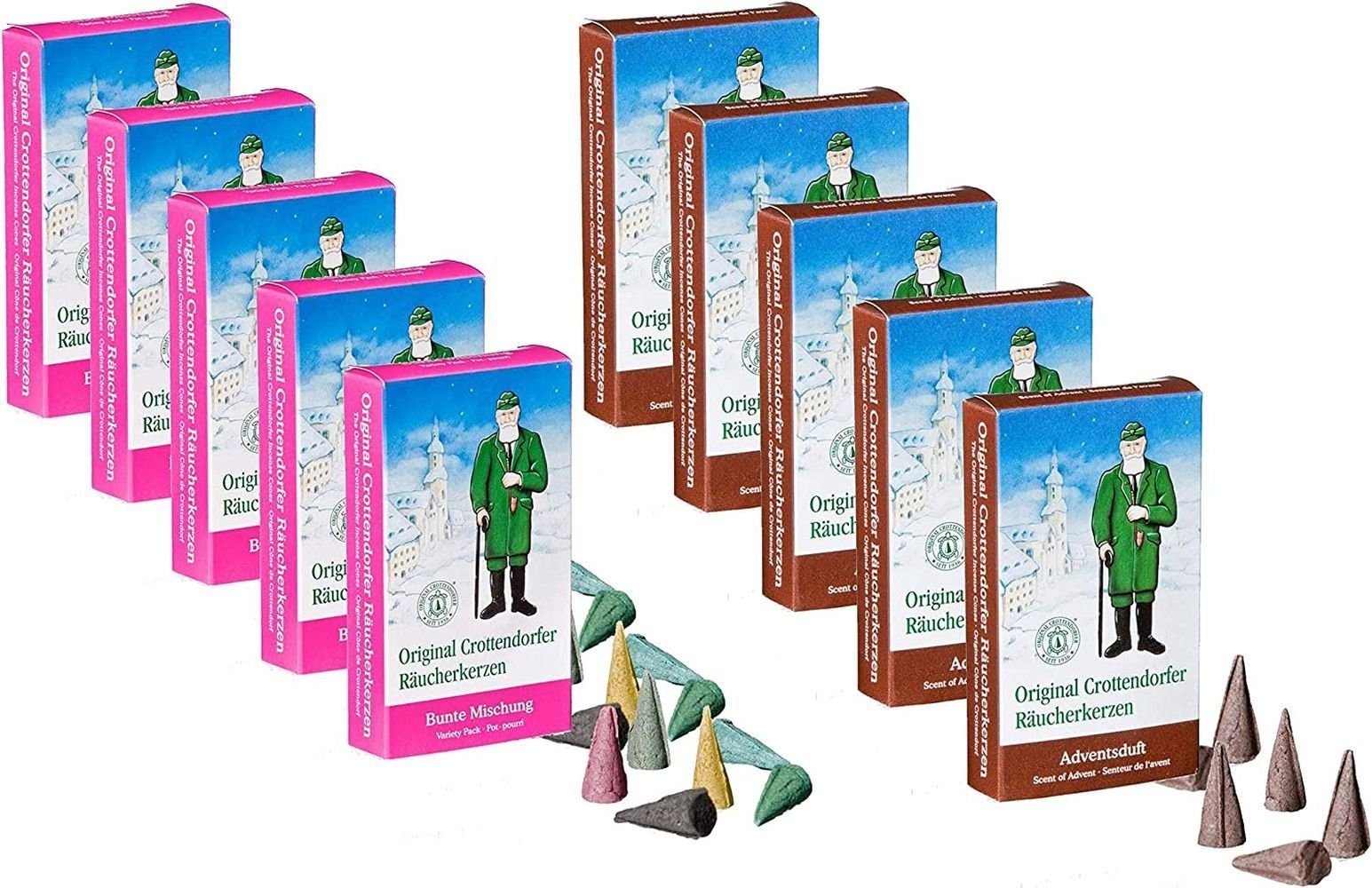Crottendorfer Räucherkegel 10 Päckchen Räucherkerzen - 5 x Bunte Mischung, 5 x Adventsduft