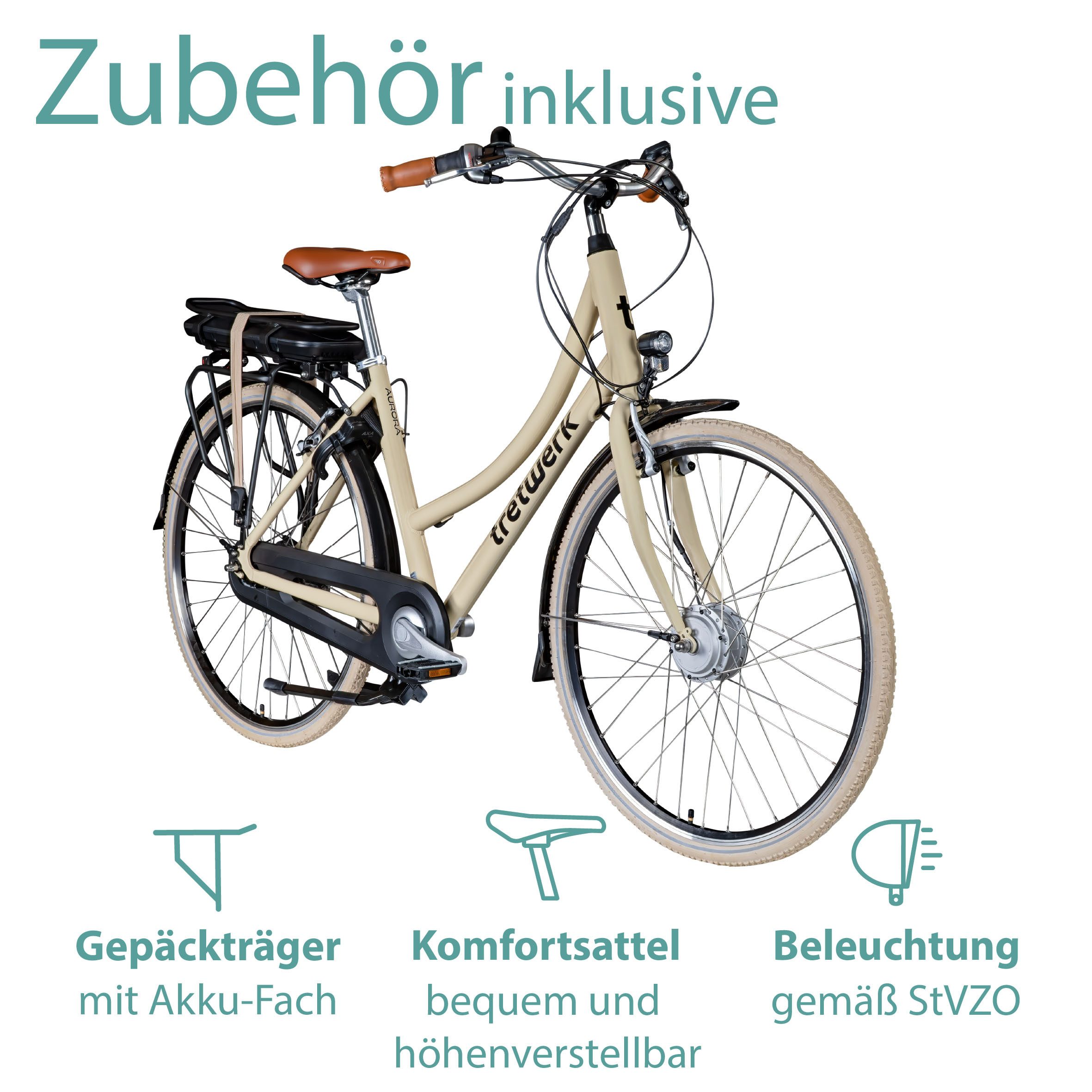 Tretwerk E-Bike Cityrad Aurora, 7 Gang, Nabenschaltung, Frontmotor, 522 Wh, Pedelec, Elektrofahrrad für Damen und Herren