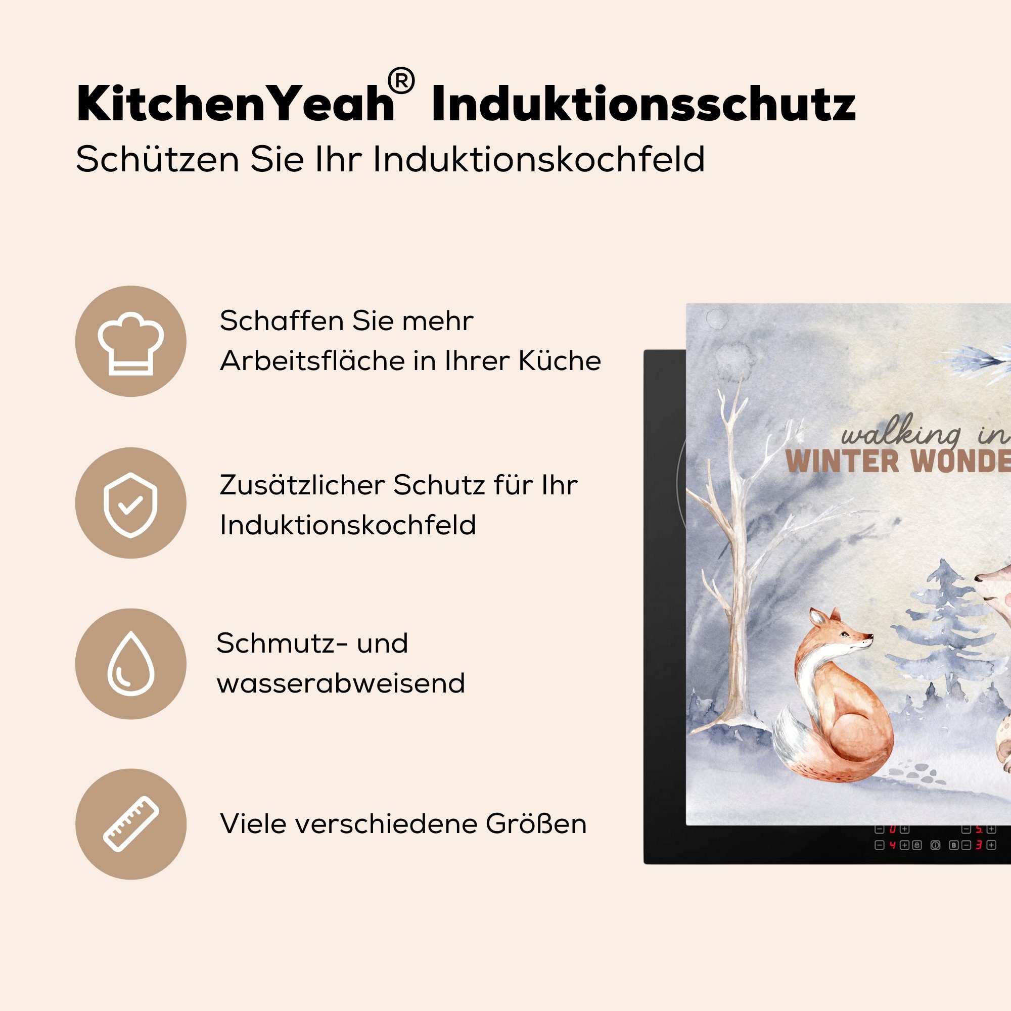 Bär 78x78 cm, tlg), Herdblende-/Abdeckplatte Winter für Vinyl, Arbeitsplatte MuchoWow Ceranfeldabdeckung, Fuchs, - küche (1 -
