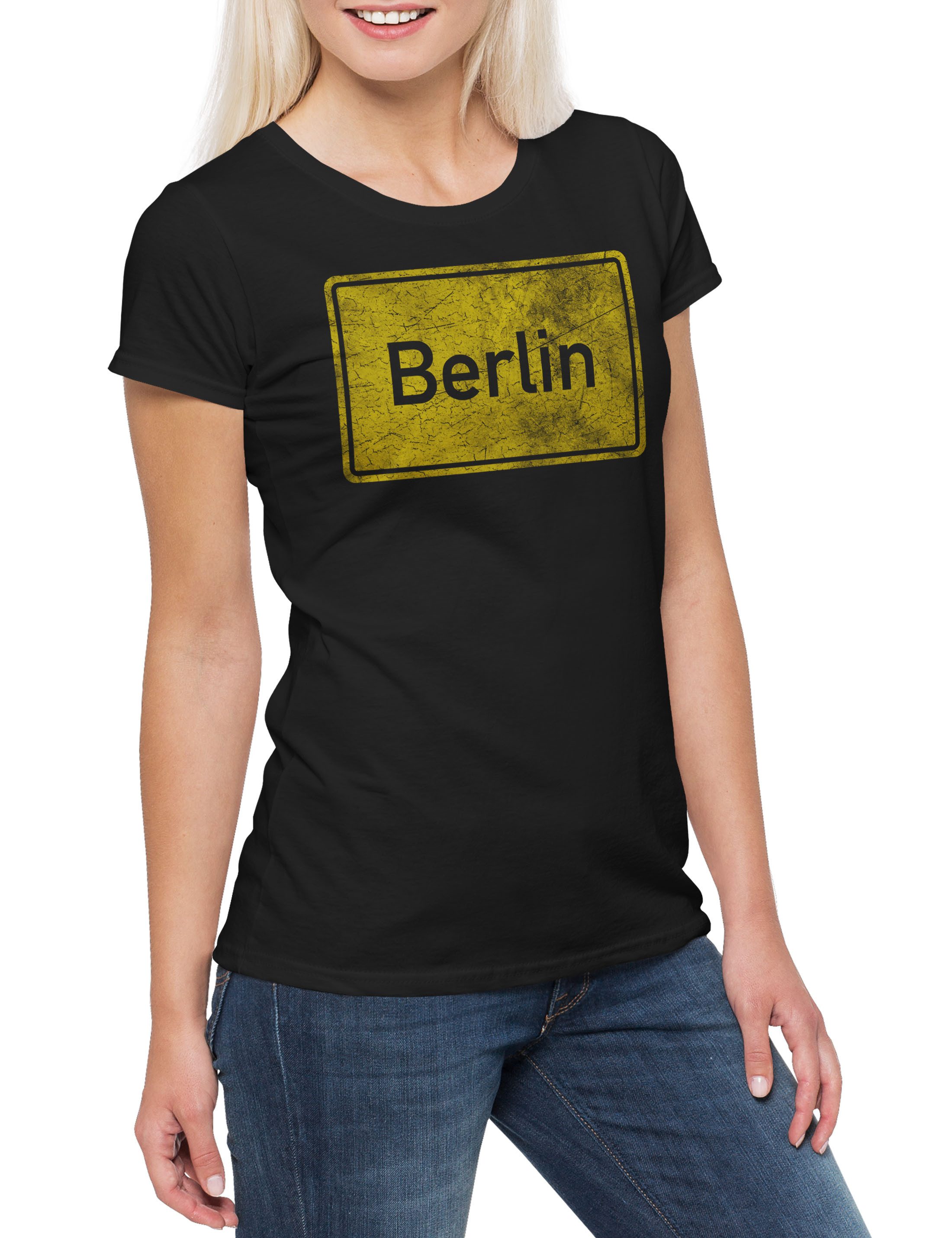 Print-Shirt Berlin Road Sign Damen T-Shirt Germany City Stadt Ortsschild