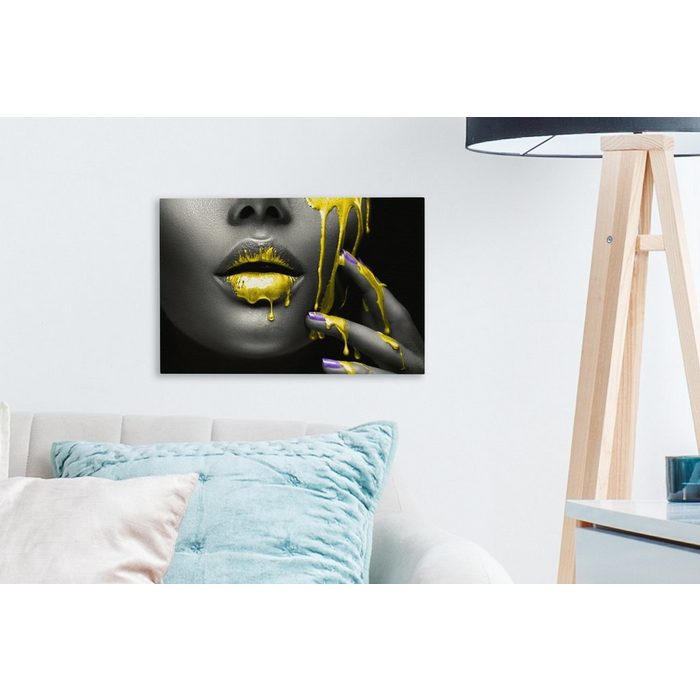 OneMillionCanvasses® Leinwandbild Lippen - Gelb - Schwarz (1 St) Wandbild Leinwandbilder Aufhängefertig Wanddeko