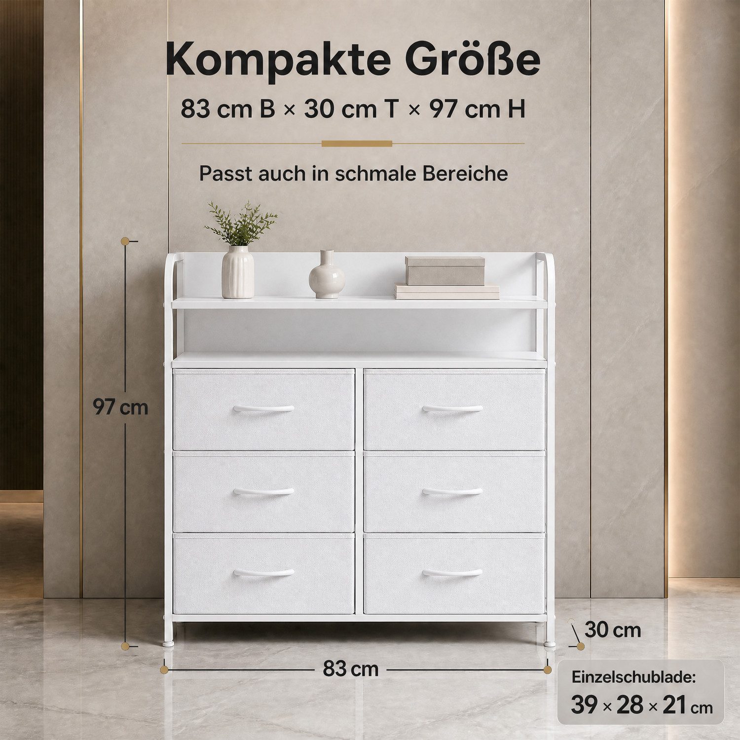 Refined Living Kommode Stoffkommode mit 6/7/8 Schubladen mit 2 offenen Ablagen Komodenschrank (Holzplatte und Metallrahmen, wasserdicht, Platzieren Dekorationen, Große Kapazität Aufbewahrungsmöbel, Sideboards, Schubkastenkommode), für Wohnzimmer, Kinderzimmer, Eingangsbereich, Flur, Schlafzimmer