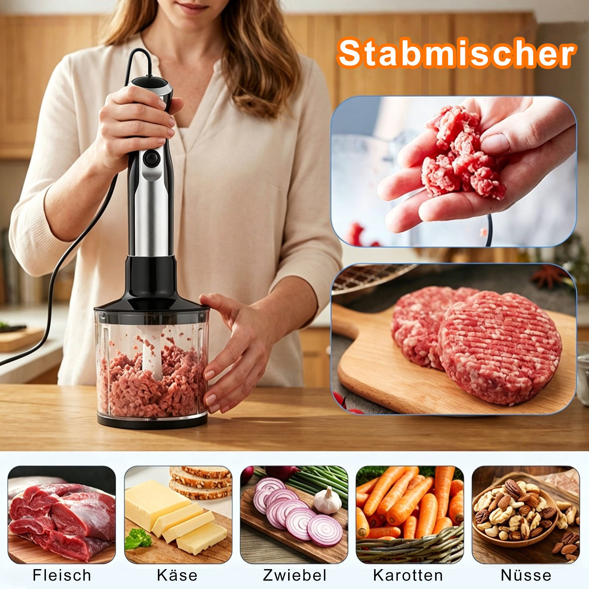 Luckice Stabmixer 1000W 4in1 Elektrisch Edelstahl Pürierstab mit 20 Geschwindigkeiten, 1000 W, TURBO-Taste für die Zubereitung von Soße,Babynahrung und Suppe – Bild 5 von 5