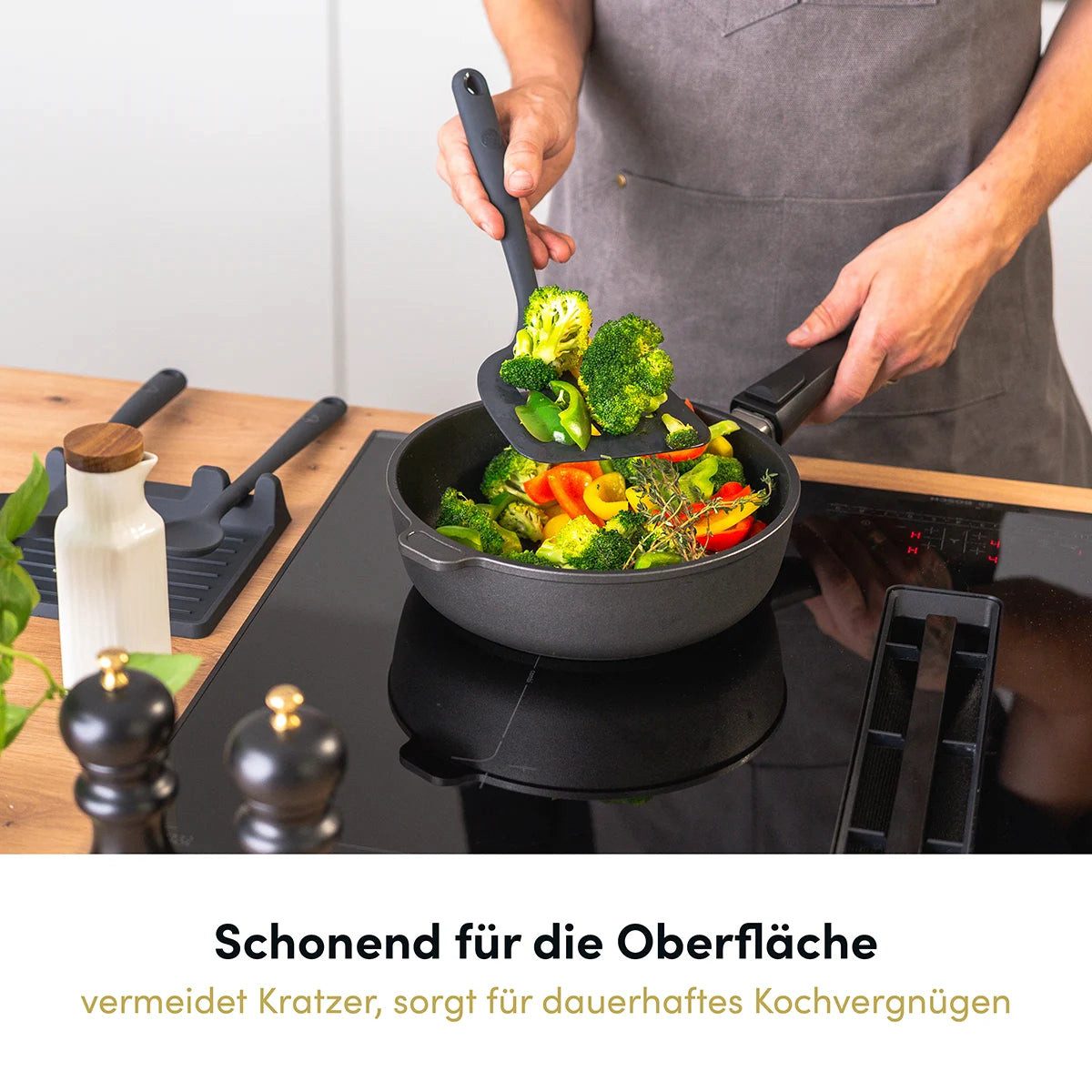 Hoffmann Germany Pfannenwender XXL Küchenhelfer Silikon Edelstahl 30 cm anthrazit, Edelstahlkern, extra breite Fläche 13 cm, 200°C, spülmaschinenfest