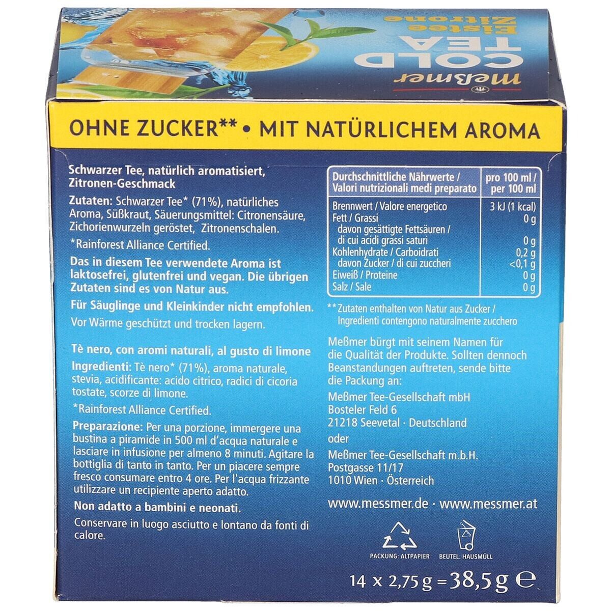 Meßmer Tee Cold Tea Zitrone, auf Schwarzteebasis, Beutelgröße in Kannenportion