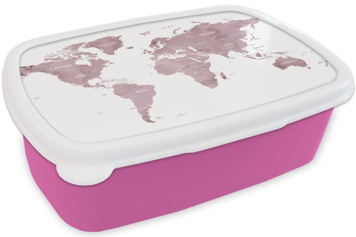 MuchoWow Lunchbox Weltkarte - Brotdose Mädchen, Erwachsene, Weiß, (2-tlg), - rosa Brotbox Kunststoff, Lila Kinder, Kunststoff Snackbox, für
