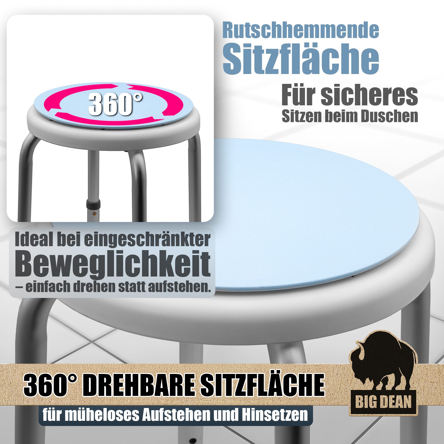 BigDean Dusch- und Badhocker 360° drehbarer belastbarer Duschstuhl bis 136 kg höhenverstellbar, belastbar bis 136 kg, 360° drehteller