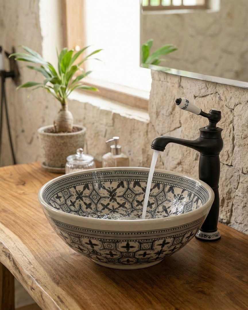 Kinaree Waschbecken Orientalisches Keramik- NIRAN, handbemalt, geometrisches Karo (1-St)