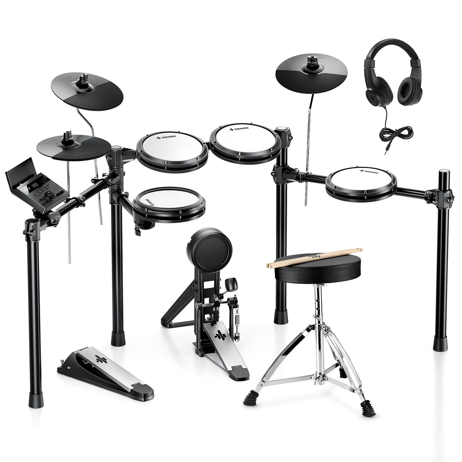 Donner E-Drum DED-100 Bluetooth 450 Sounds, 30 Drumkits Mesh-Fell, Hocker Kopfhörer,Set, Sitzhocker, Kopfhörer, Drumsticks, Bluetooth, 450 Sounds, über 30 Drum-Kits, zusammenklappbar