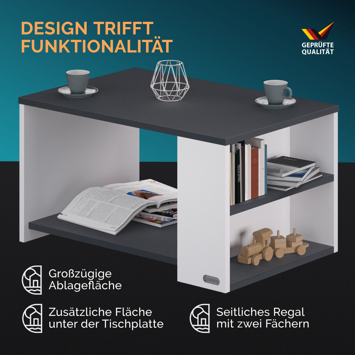 Casaria Couchtisch Santa Cruz, Holz Weiß Schwarz Wohnzimmertisch mit Stauraum 90x60x50cm Modern